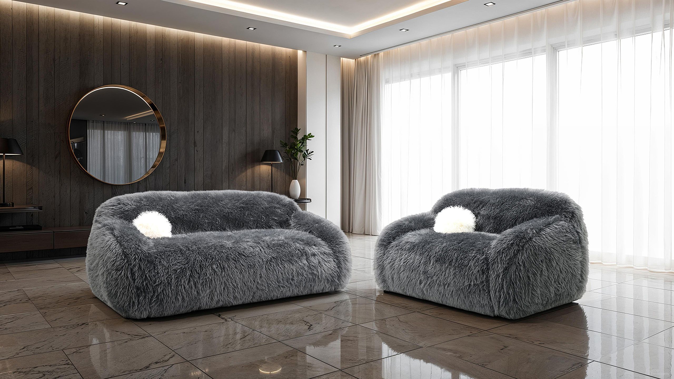 The appearance of Darwen Living Room Set In Dark Gray designed by Furniture of America in the modern / contemporary interior design. This dark gray piece of furniture  was selected by 1StopBedrooms from Darwen Collection to add a touch of cosiness and style into your home. Sku: FM64006DG-SF;FM64006DG-LV. Material: Faux Fur.