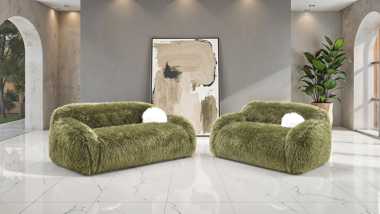The appearance of Darwen Living Room Set In Green designed by Furniture of America in the modern / contemporary interior design. This green piece of furniture  was selected by 1StopBedrooms from Darwen Collection to add a touch of cosiness and style into your home. Sku: FM64006GR-SF;FM64006GR-LV. Material: Faux Fur.
