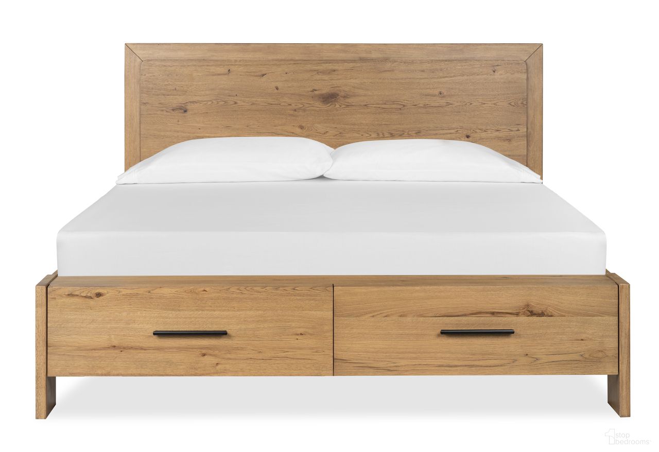 The appearance of Davenport King Panel Storage Bed In Rustic Caramel designed by Magnussen in the transitional interior design. This rustic caramel piece of furniture was selected by 1StopBedrooms from Davenport Collection to add a touch of cosiness and style into your home. Sku: B6309-64H;B6309-64SF;B6309-54R. Bed Type: Panel Bed. Bed Size: King. Material: Oak Veneer.
