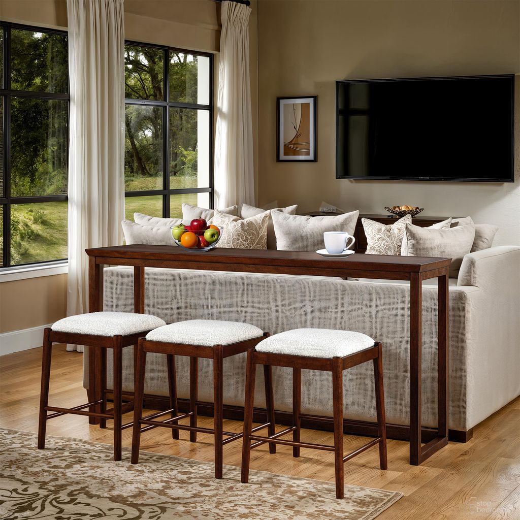 The appearance of Daventry Sofa Table with 3 Backless Counter Height Stools In Walnut and Beige designed by Furniture of America in the transitional interior design. This walnut and beige piece of furniture was selected by 1StopBedrooms from Daventry Collection to add a touch of cosiness and style into your home. Sku: FM44000WN-ST-4PK. Table Base Style: Trestle. Table Top Shape: Rectangular. Material: Poplar. Size: 18" x 72".