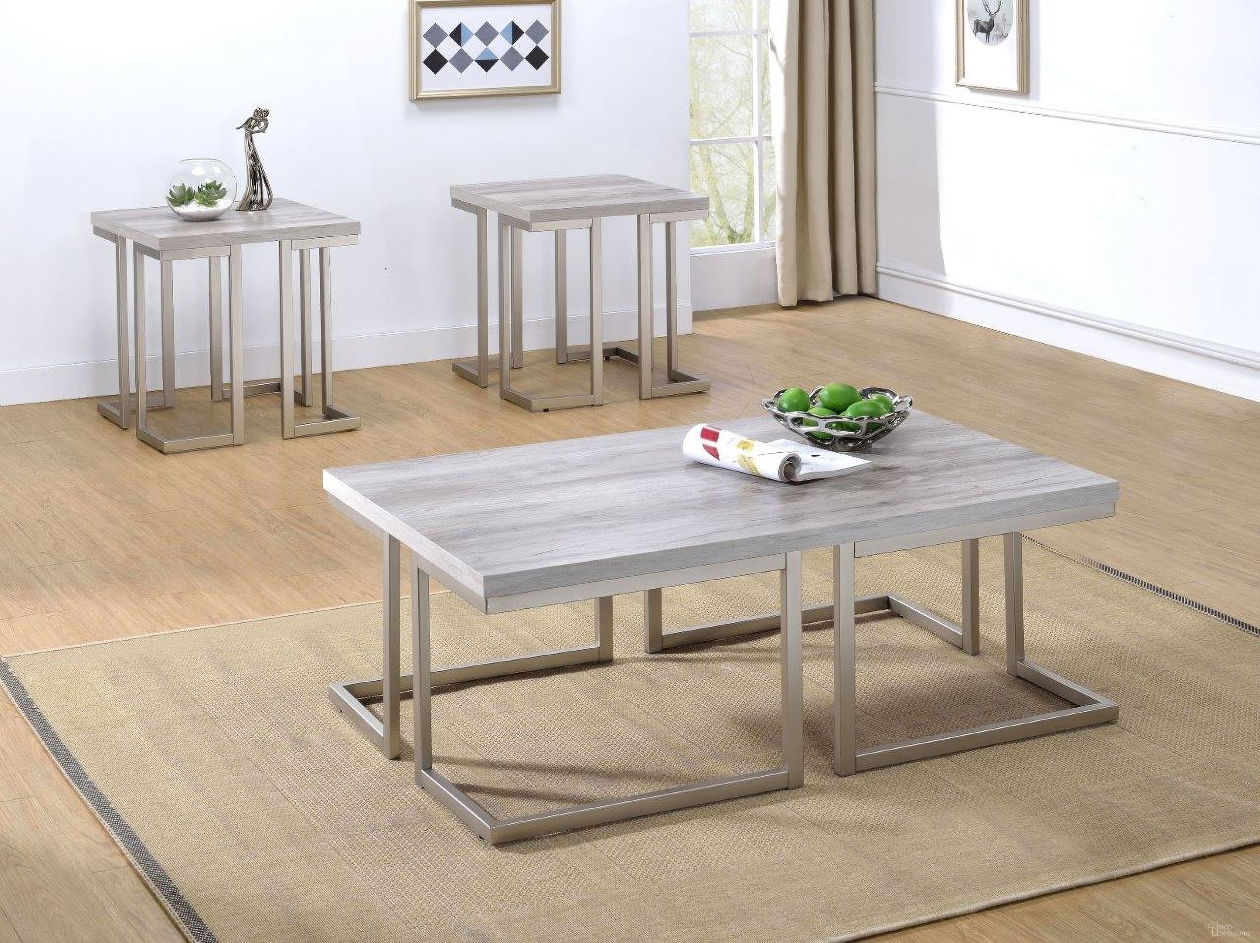 The appearance of David Driftwood Occasional Table Set designed by Steve Silver in the modern / contemporary interior design. This gray piece of furniture  was selected by 1StopBedrooms from David Collection to add a touch of cosiness and style into your home. Sku: DI100C;DI100E. Material: Wood.