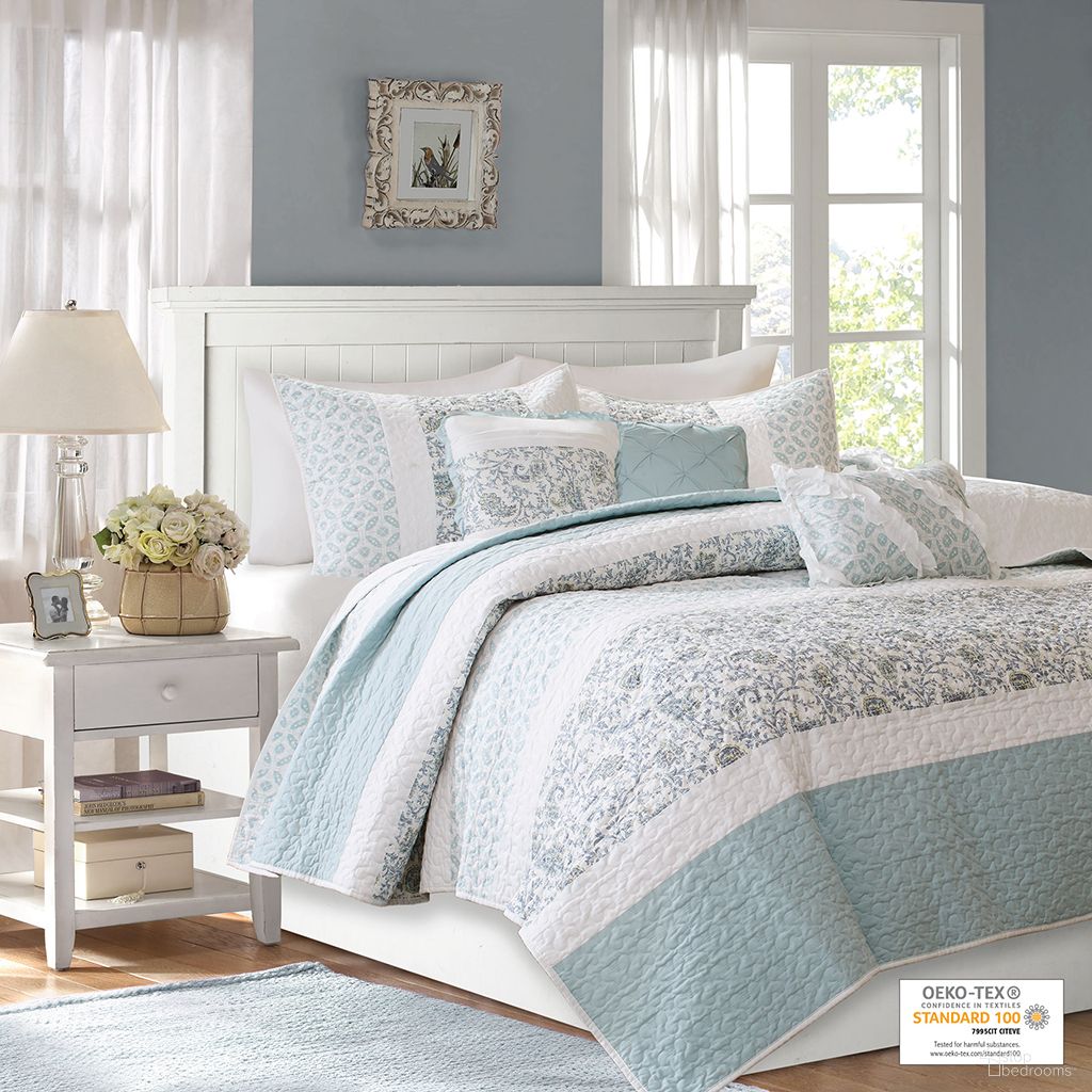The appearance of Dawn 6 Piece Cotton Percale Full/Queen Quilt Set with Throw Pillows In Aqua designed by Olliix in the country / farmhouse interior design. This aqua piece of furniture was selected by 1StopBedrooms from Dawn Collection to add a touch of cosiness and style into your home. Sku: MP13-2801. Bed Size: Full. Material: Cotton.