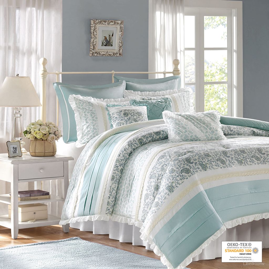 The appearance of Dawn 9 Piece Cotton Percale California King Comforter Set In Aqua designed by Olliix in the country / farmhouse interior design. This aqua piece of furniture  was selected by 1StopBedrooms from Dawn Collection to add a touch of cosiness and style into your home. Sku: MP10-388. Bed Size: California King. Material: Cotton.