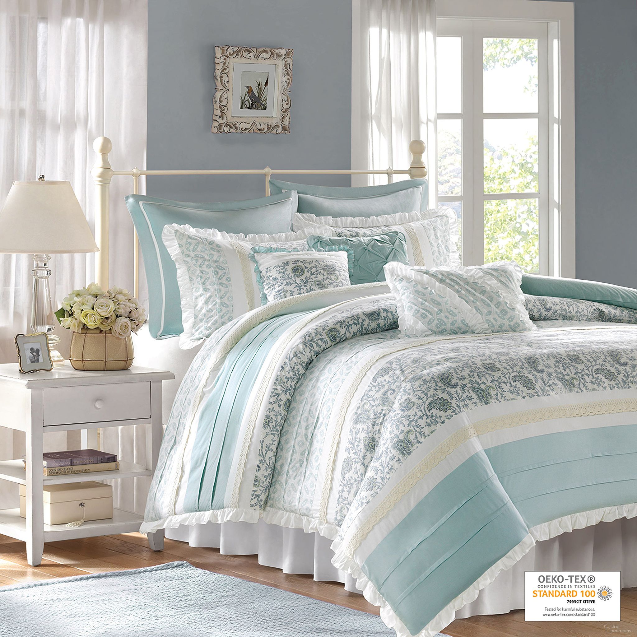 The appearance of Dawn Cotton Printed Pieced 9 Piece Queen Duvet Set with Pintuck In Blue designed by Olliix in the country / farmhouse interior design. This aqua piece of furniture was selected by 1StopBedrooms from Dawn Collection to add a touch of cosiness and style into your home. Sku: MP12-389. Bed Size: Queen. Material: Cotton.