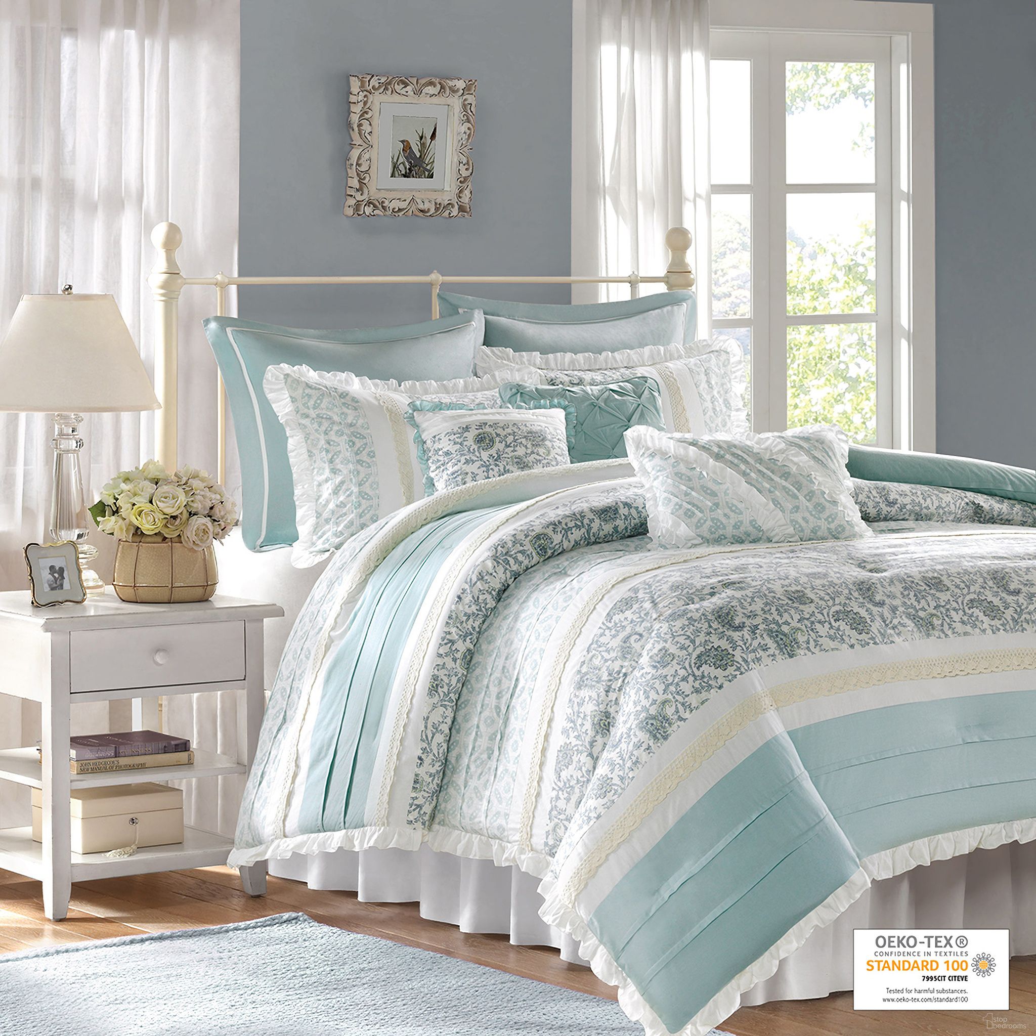The appearance of Dawn 9 Piece Cotton Percale King Comforter Set In Aqua designed by Olliix in the country / farmhouse interior design. This aqua piece of furniture was selected by 1StopBedrooms from Dawn Collection to add a touch of cosiness and style into your home. Sku: MP10-387. Bed Size: King. Material: Cotton.