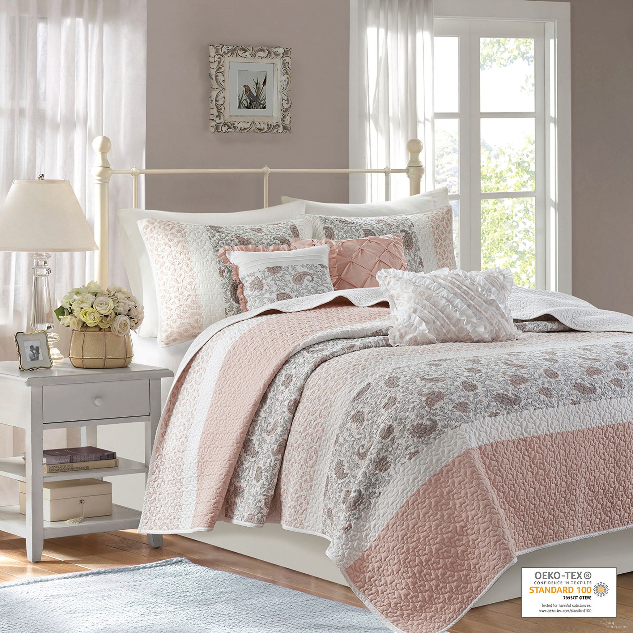 Dawn Cotton T180 6 Piece Printing Pieced King Coverlet Set In Blush