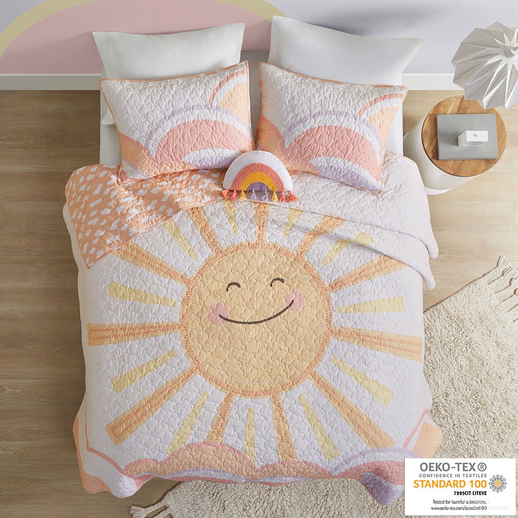 The appearance of Dawn Reversible Sunshine Printed Cotton 4 Piece Full/Queen Quilt Set with Throw Pillow In Yellow and Coral designed by Olliix in the transitional interior design. This yellow/coral piece of furniture was selected by 1StopBedrooms from Dawn Collection to add a touch of cosiness and style into your home. Sku: UHK13-0187. Bed Size: Full. Material: Cotton.