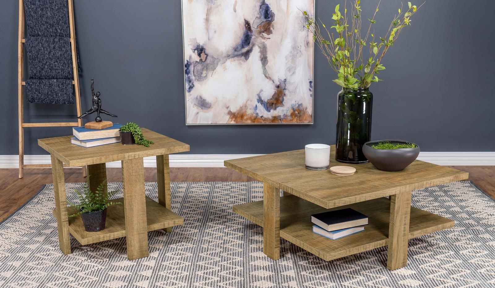 The appearance of Dawn Square Engineered Wood Occasional Table Set In Shelf Mango designed by Coaster in the country / farmhouse interior design. This mango piece of furniture  was selected by 1StopBedrooms from Dawn Collection to add a touch of cosiness and style into your home. Sku: 707718;707717. Material: Wood.