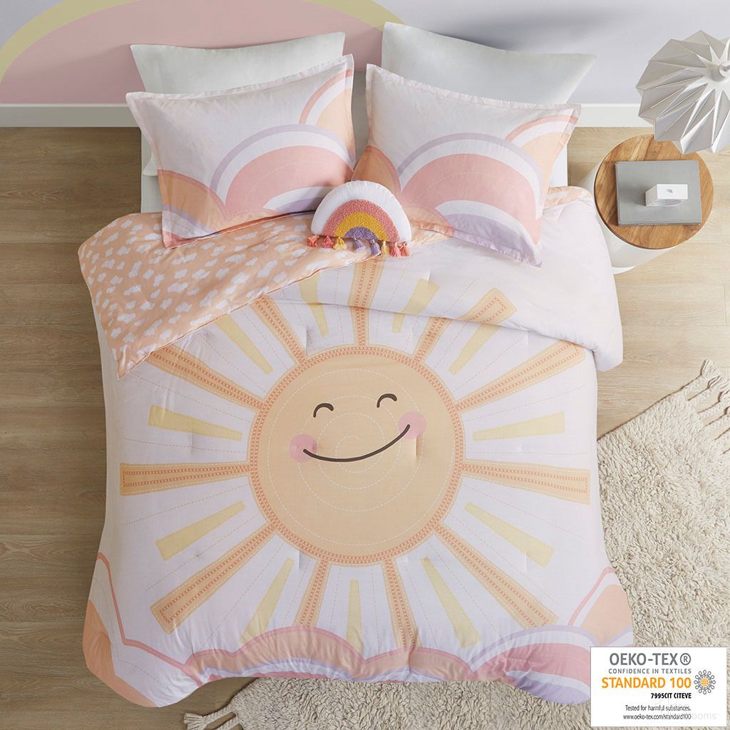The appearance of Dawn Sunshine Printed Reversible 4 Piece Full/Queen Comforter Set In Yellow and Coral designed by Olliix in the transitional interior design. This yellow/coral piece of furniture was selected by 1StopBedrooms from Dawn Collection to add a touch of cosiness and style into your home. Sku: UHK10-0185. Bed Size: Full. Material: Cotton.