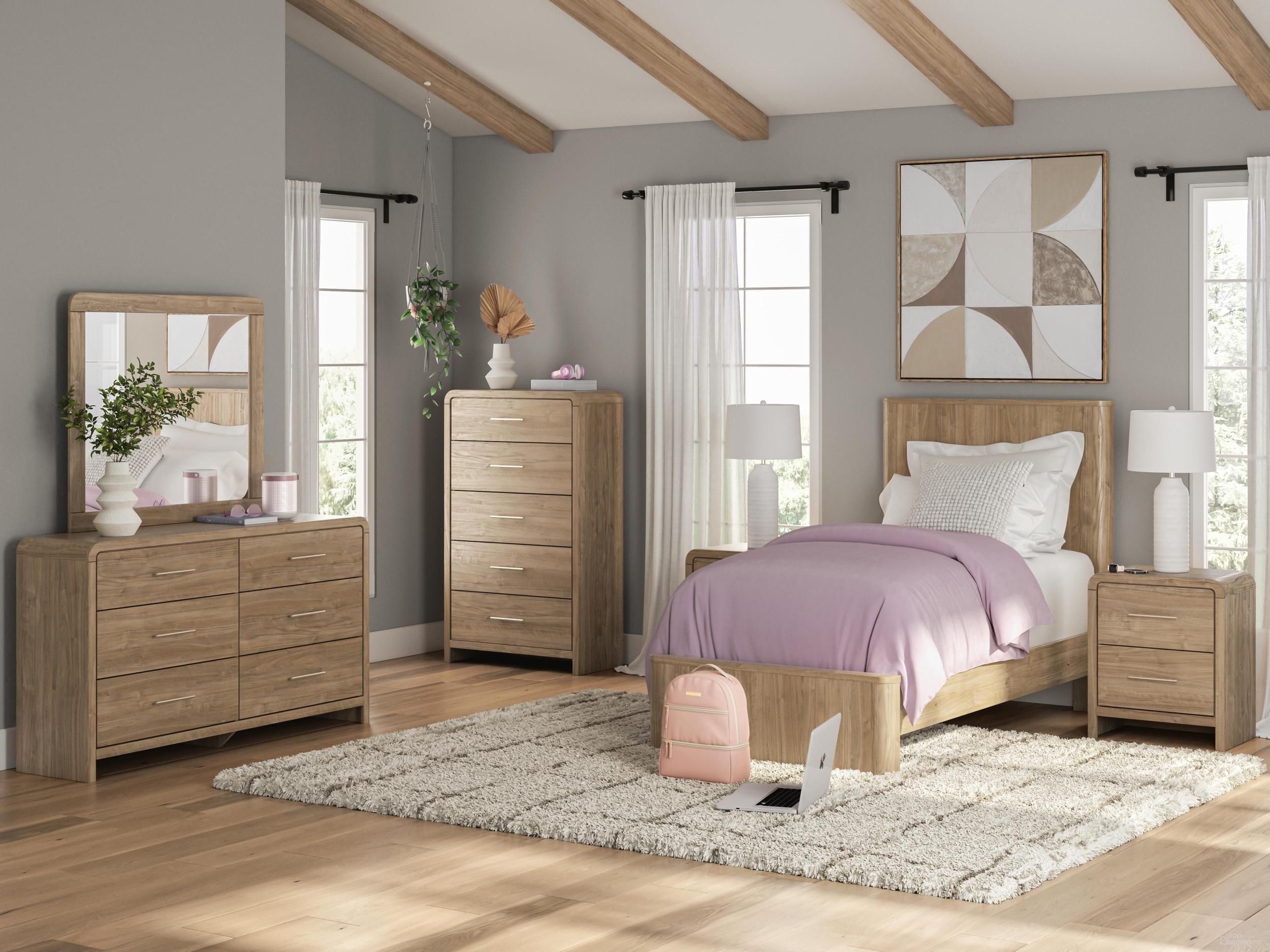 Dayella Youth Panel Platform Bedroom Set In Warm Natural Brown