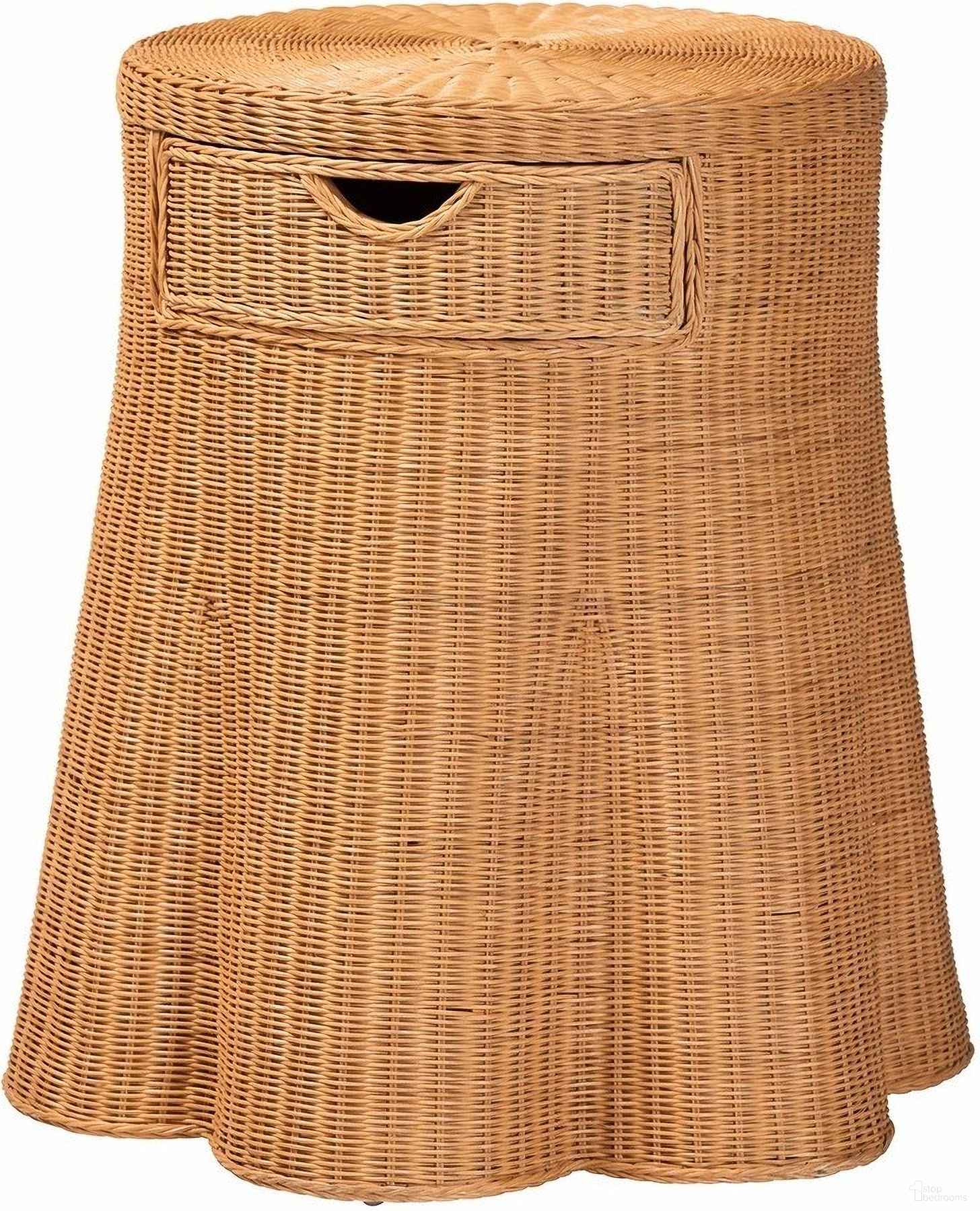 Dayo Scalloped Rattan Round Console Table with Drawer In Light Honey