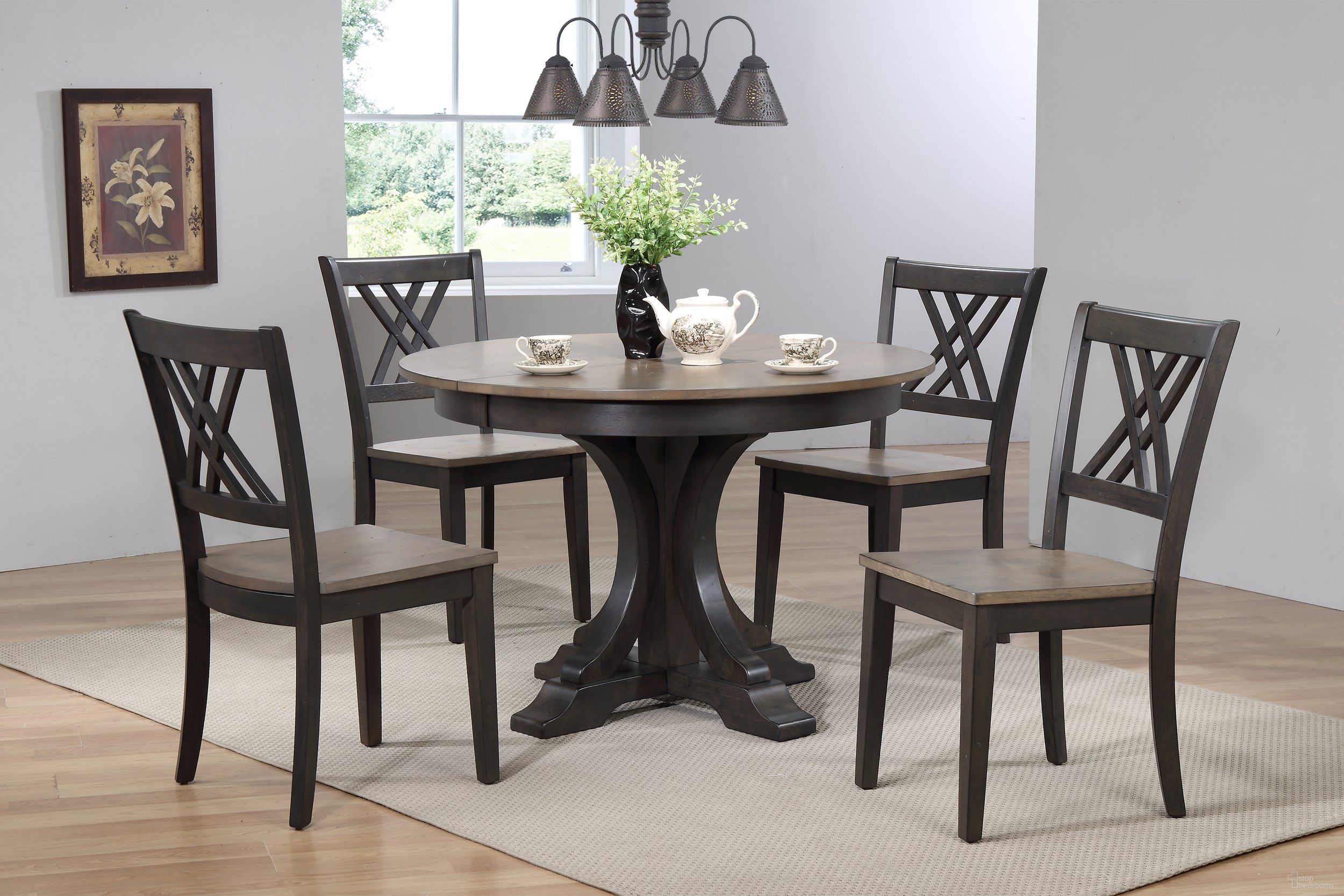 The appearance of Deco Double X-Back 5-Piece Dining Set In Grey Stone and Black Stone designed by Iconic Furniture in the rustic / southwestern interior design. This grey stone and black stone piece of furniture was selected by 1StopBedrooms from Deco & Contemporary Collection to add a touch of cosiness and style into your home. Sku: RD45DECOCH56GRSBKS-5PC. Table Base Style: Pedestal. Table Top Shape: Round. Material: Rubberwood.