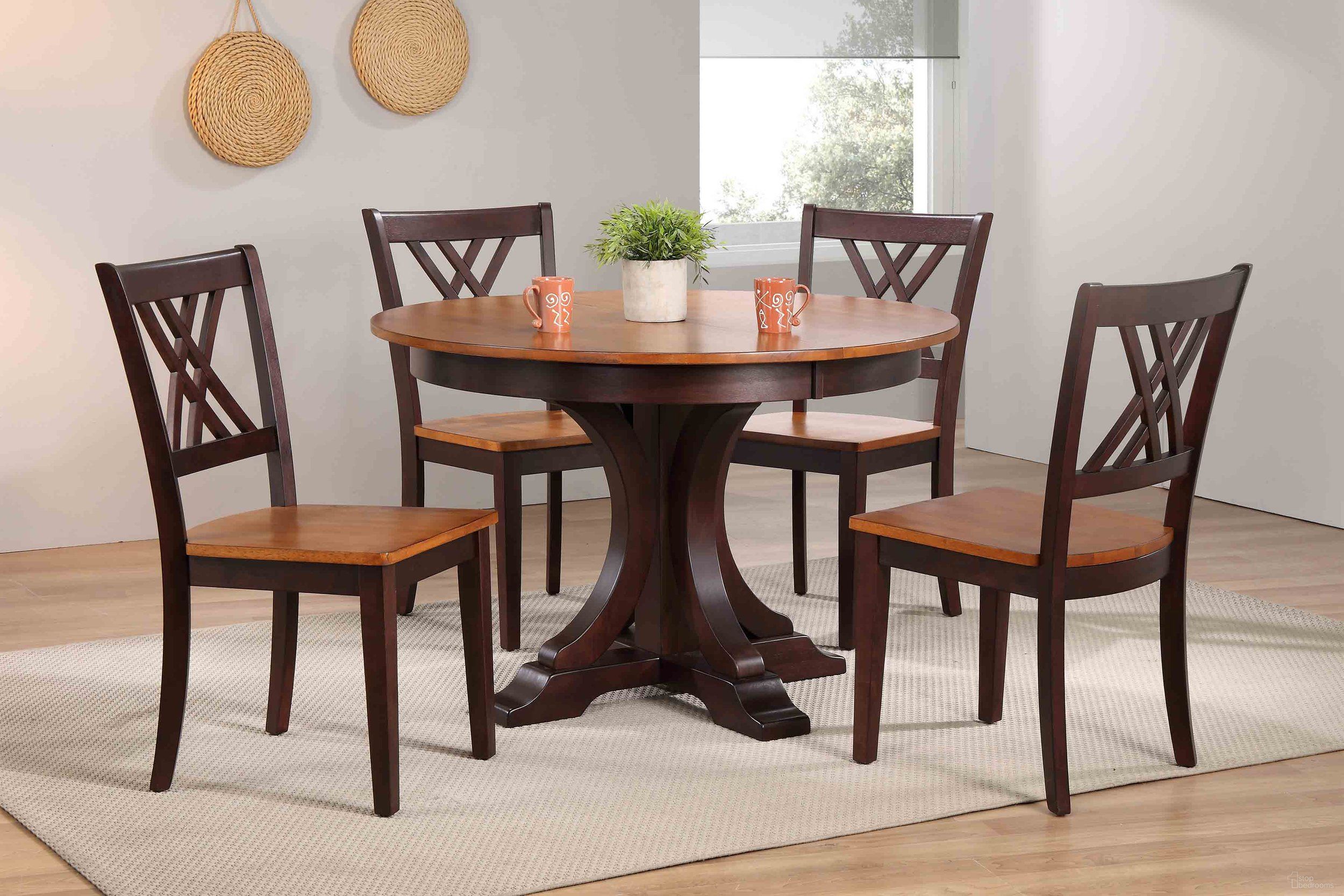 The appearance of Deco Double X-Back 5-Piece Dining Set In Whiskey and Mocha designed by Iconic Furniture in the rustic / southwestern interior design. This whiskey and mocha piece of furniture was selected by 1StopBedrooms from Deco & Contemporary Collection to add a touch of cosiness and style into your home. Sku: RD45DECOCH56WYMA-5PC. Table Base Style: Pedestal. Table Top Shape: Round. Material: Rubberwood.
