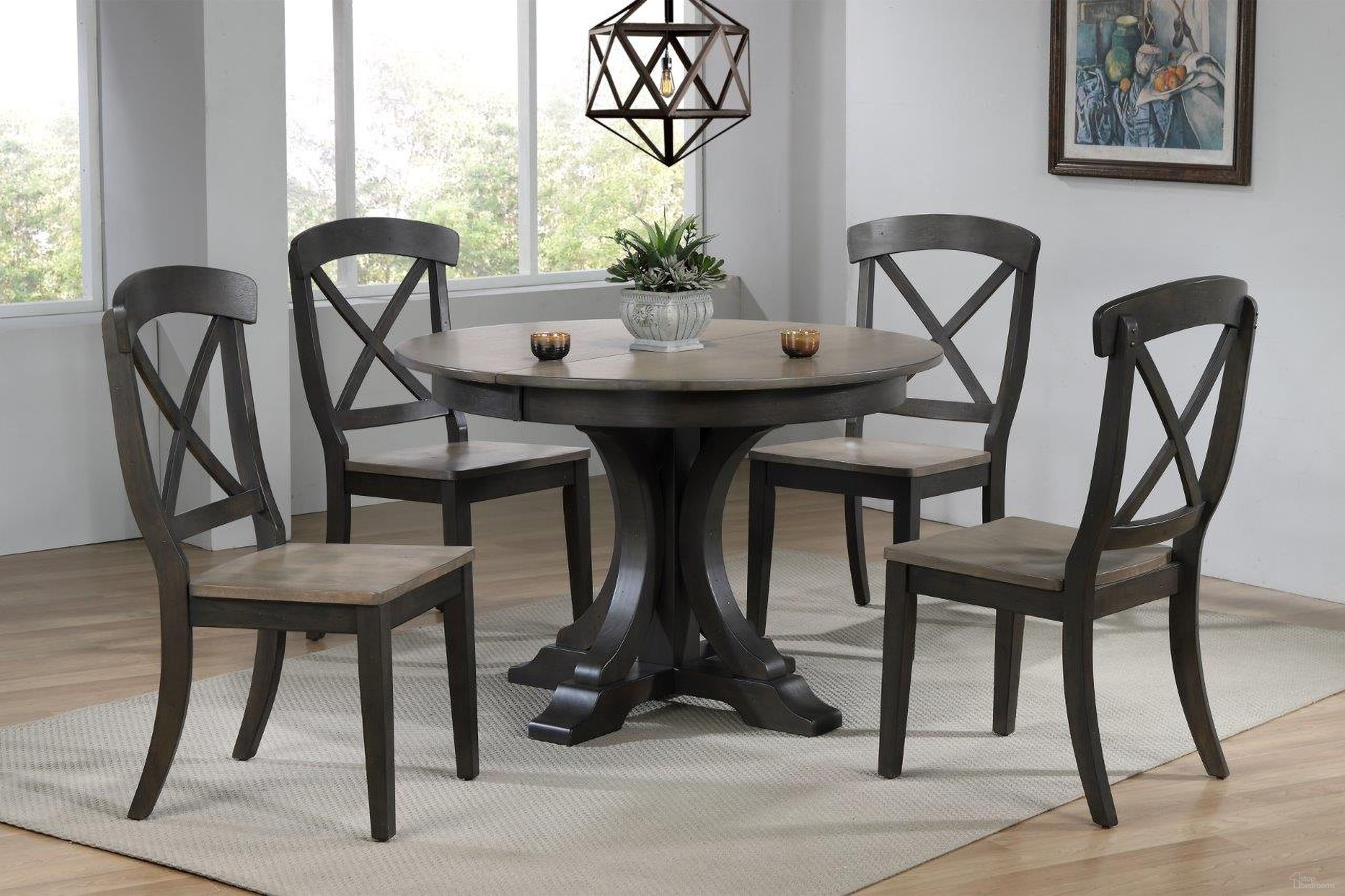The appearance of Deco Transitional X-Back 5-Piece Dining Set In Grey Stone and Black Stone designed by Iconic Furniture in the rustic / southwestern interior design. This grey stone and black stone piece of furniture was selected by 1StopBedrooms from Deco & Contemporary Collection to add a touch of cosiness and style into your home. Sku: RD45DECOCH60GRSBKS-5PC. Table Base Style: Pedestal. Table Top Shape: Round. Material: Rubberwood.