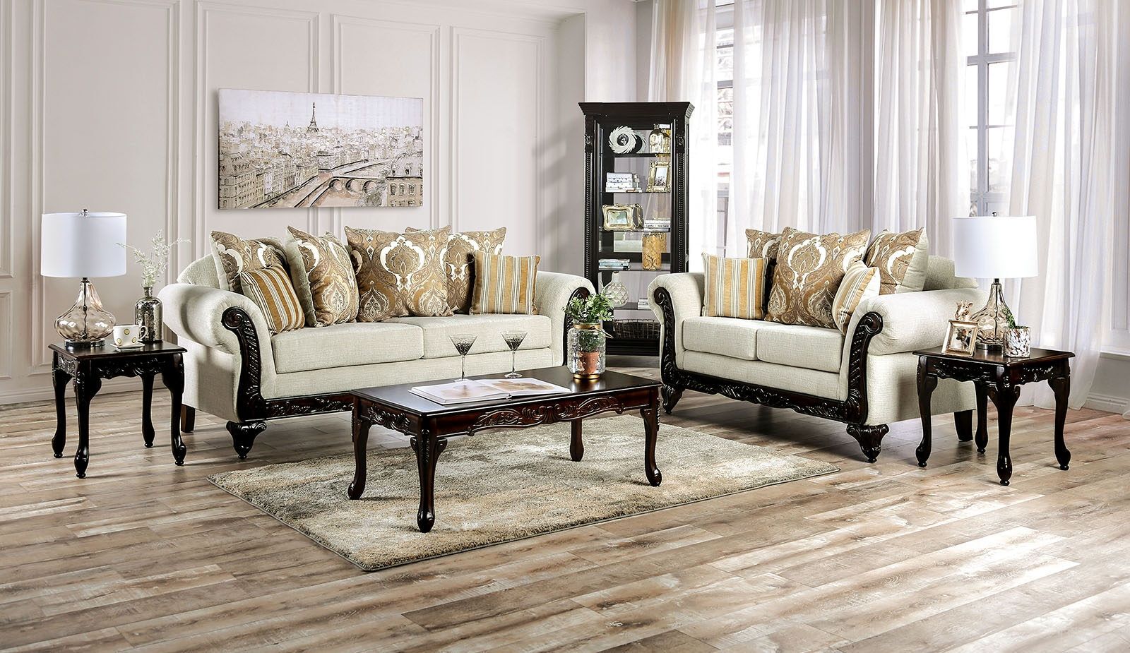 The appearance of Delizia Living Room Set In Cream designed by Furniture of America in the traditional interior design. This cream piece of furniture  was selected by 1StopBedrooms from Delizia Collection to add a touch of cosiness and style into your home. Sku: SM7748-SF;SM7748-LV. Material: Wood.