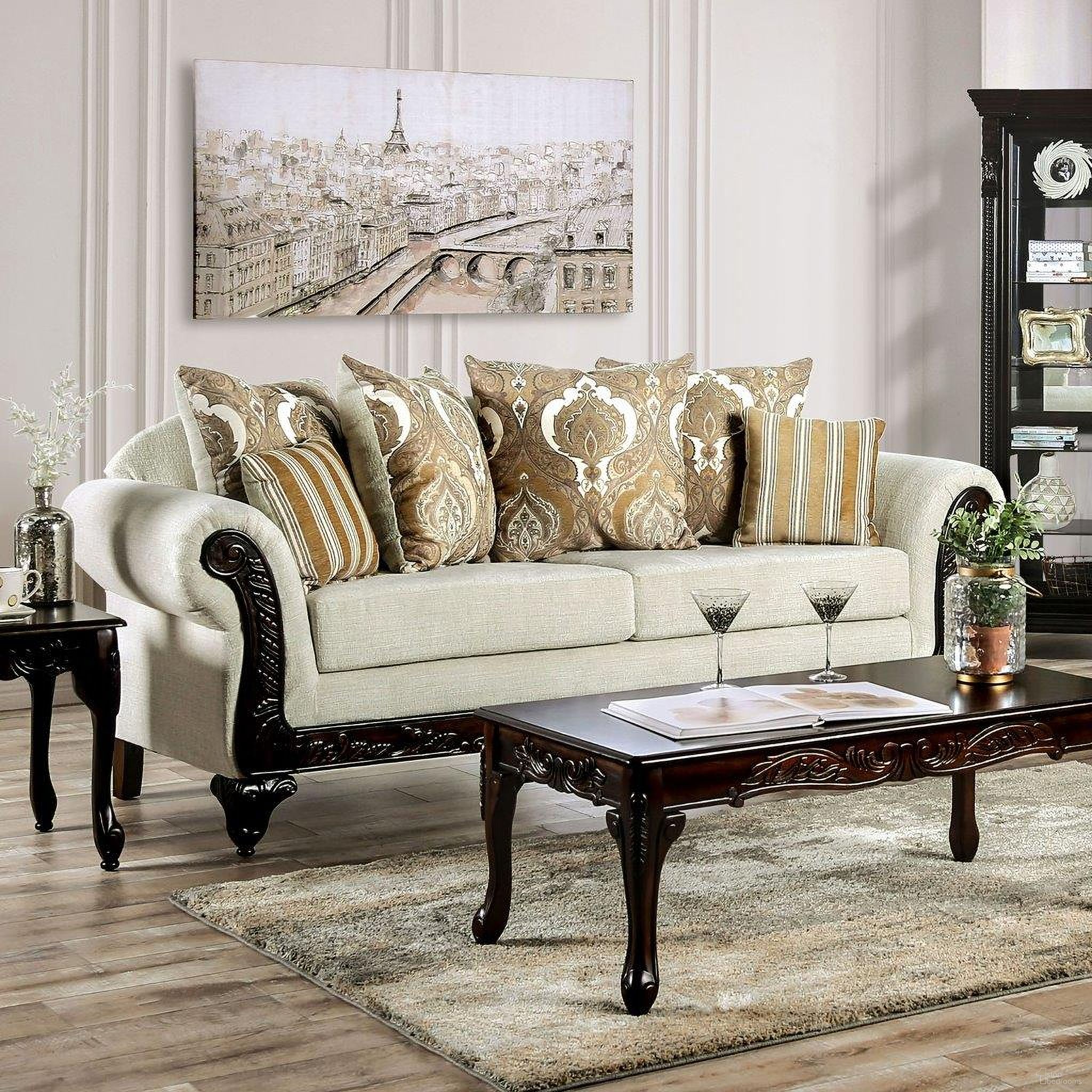 The appearance of Delizia Sofa In Cream designed by Furniture of America in the traditional interior design. This cream piece of furniture  was selected by 1StopBedrooms from Delizia Collection to add a touch of cosiness and style into your home. Sku: SM7748-SF. Material: Wood.