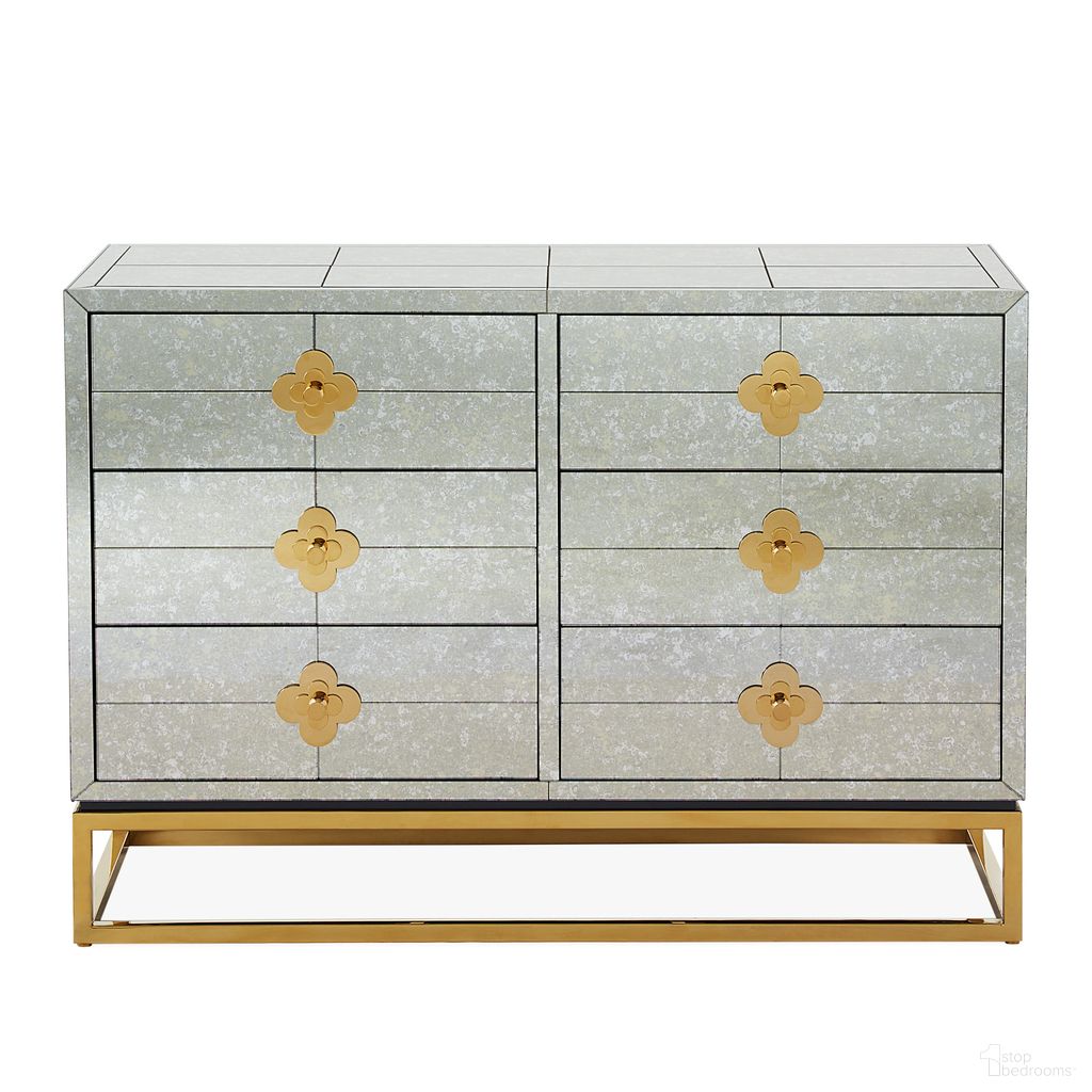 Delphine Six-Drawer Dresser In Antiqued Mirror and Brass