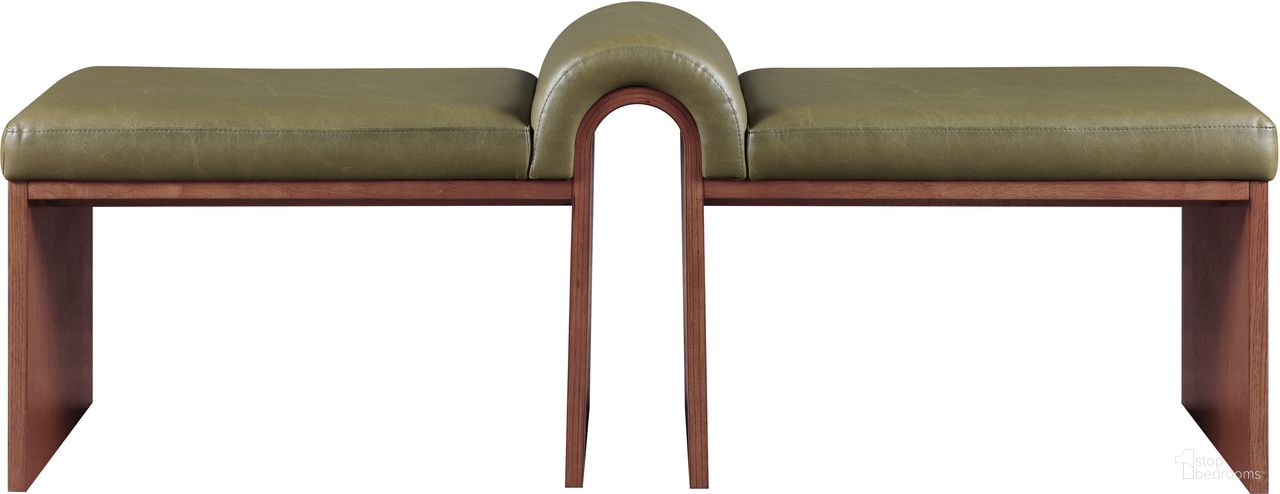 The appearance of Delphine Vegan Leather Upholstered Bench In Olive and Brown designed by Meridian in the modern / contemporary interior design. This olive and brown piece of furniture was selected by 1StopBedrooms from Delphine Collection to add a touch of cosiness and style into your home. Sku: 22056Olive. Material: Vegan Leather.