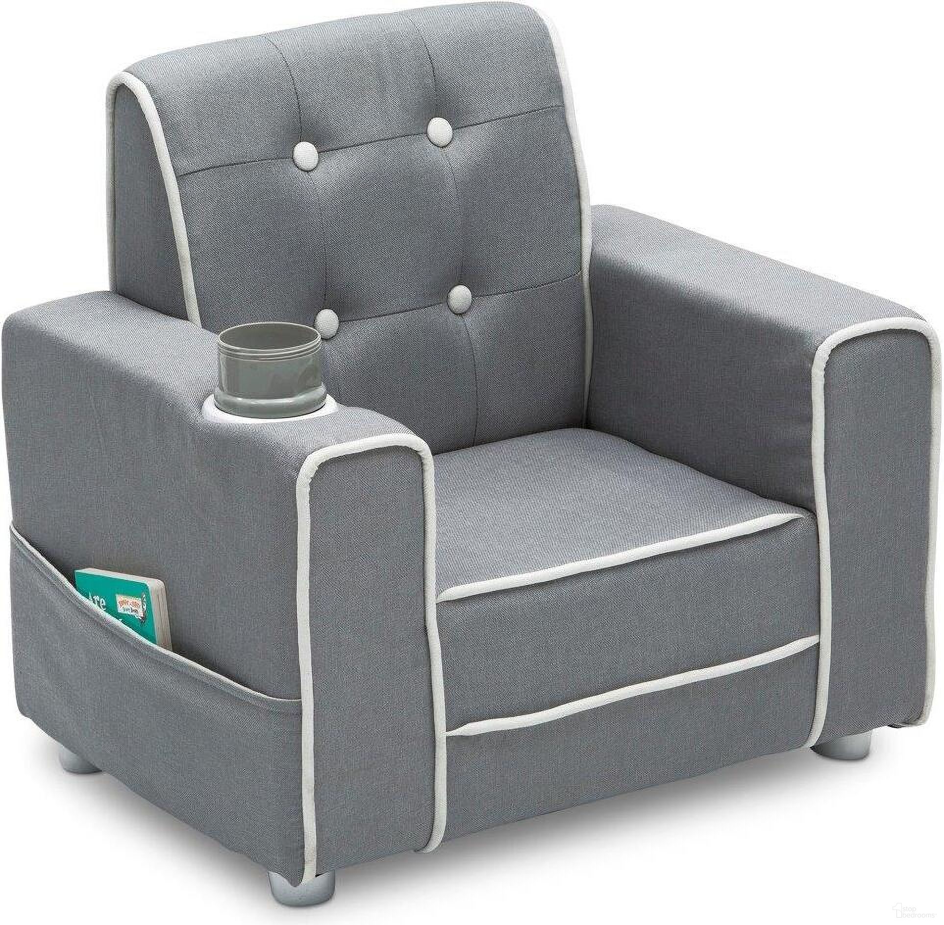 Delta Children Chelsea Kids Upholstered Chair With Cup Holder In Light Grey and White