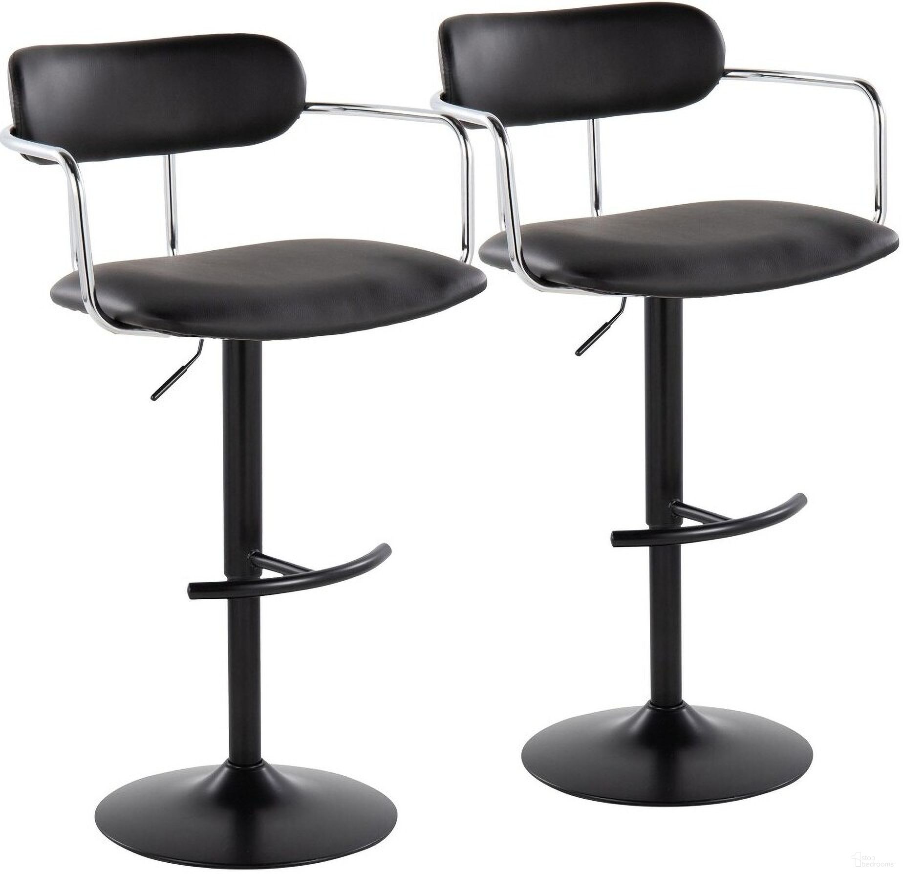 The appearance of Demi Adjustable Barstool Set of 2 In Black designed by Lumisource in the modern / contemporary interior design. This black piece of furniture  was selected by 1StopBedrooms from Demi Collection to add a touch of cosiness and style into your home. Sku: BS-DEMIPU-RT2 BKCHRBK2. Material: Leather.