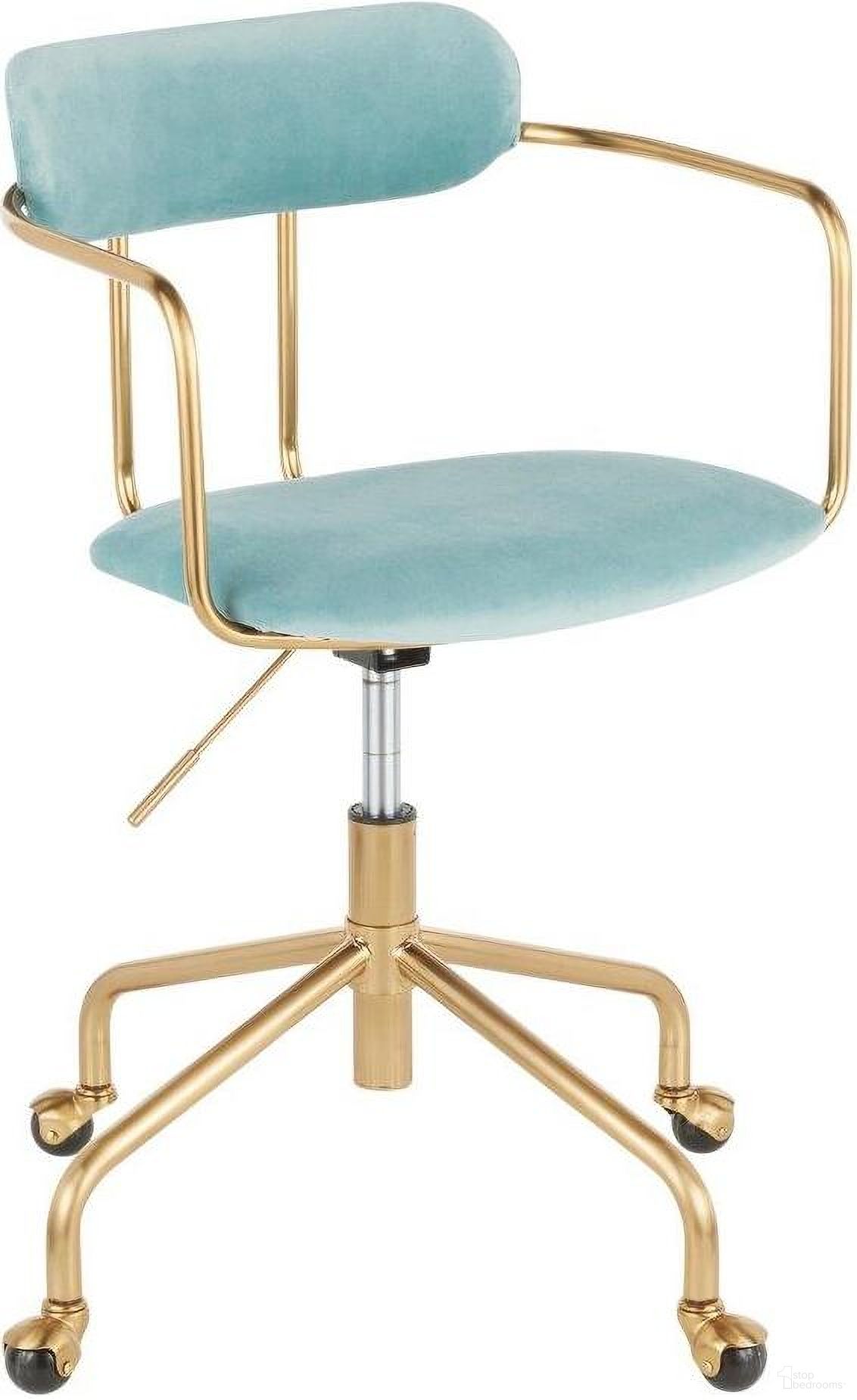 The appearance of Demi Contemporary Office Chair In Gold Metal And Light Blue Velvet designed by Lumisource in the modern / contemporary interior design. This light blue velvet piece of furniture was selected by 1StopBedrooms from Demi Collection to add a touch of cosiness and style into your home. Sku: OC-DEMI AUVLBU. Material: Velvet.
