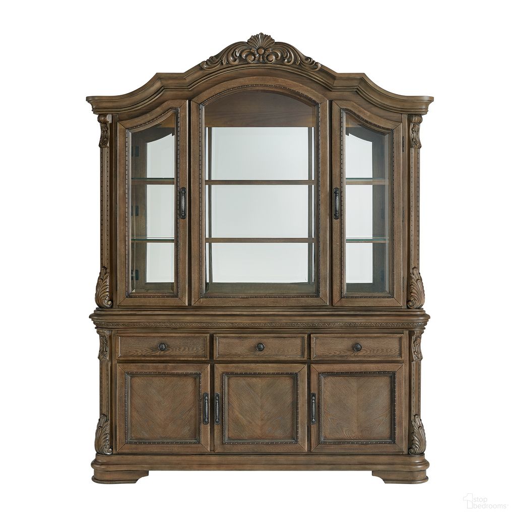 The appearance of Denali Server and Hutch with LED In Walnut designed by Picket House in the traditional interior design. This walnut piece of furniture  was selected by 1StopBedrooms from Denali Collection to add a touch of cosiness and style into your home. Sku: DA-10460-5-SV;DA-10460-5-HT. Material: Oak.