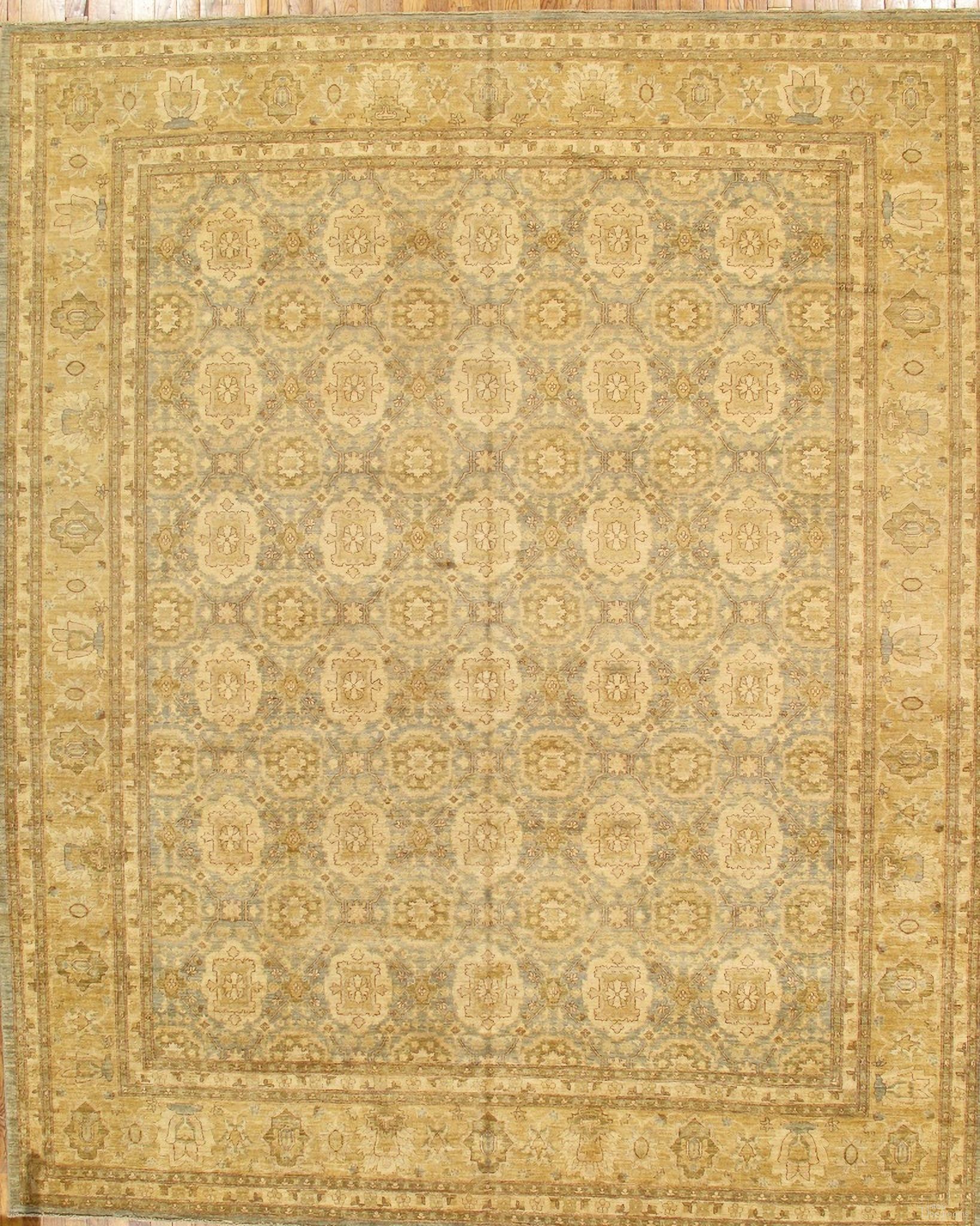 Denver Hand-Knotted Lamb's Wool Area Rug- 9' 1" x 11'11" In Light Blue and Gold