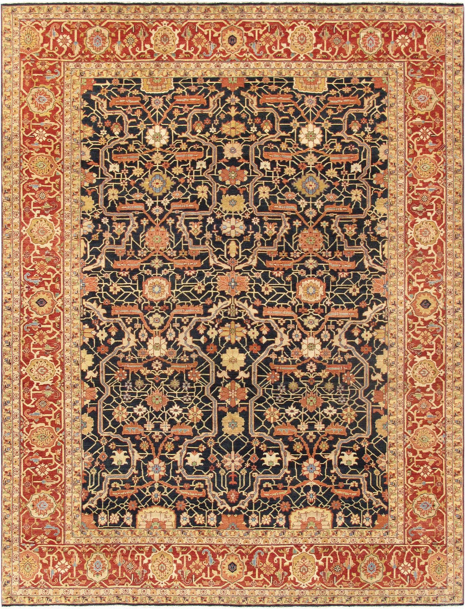 Denver Hand-Knotted Lamb's Wool Area Rug- 9' 1" x 12' 2" In Navy and Rust