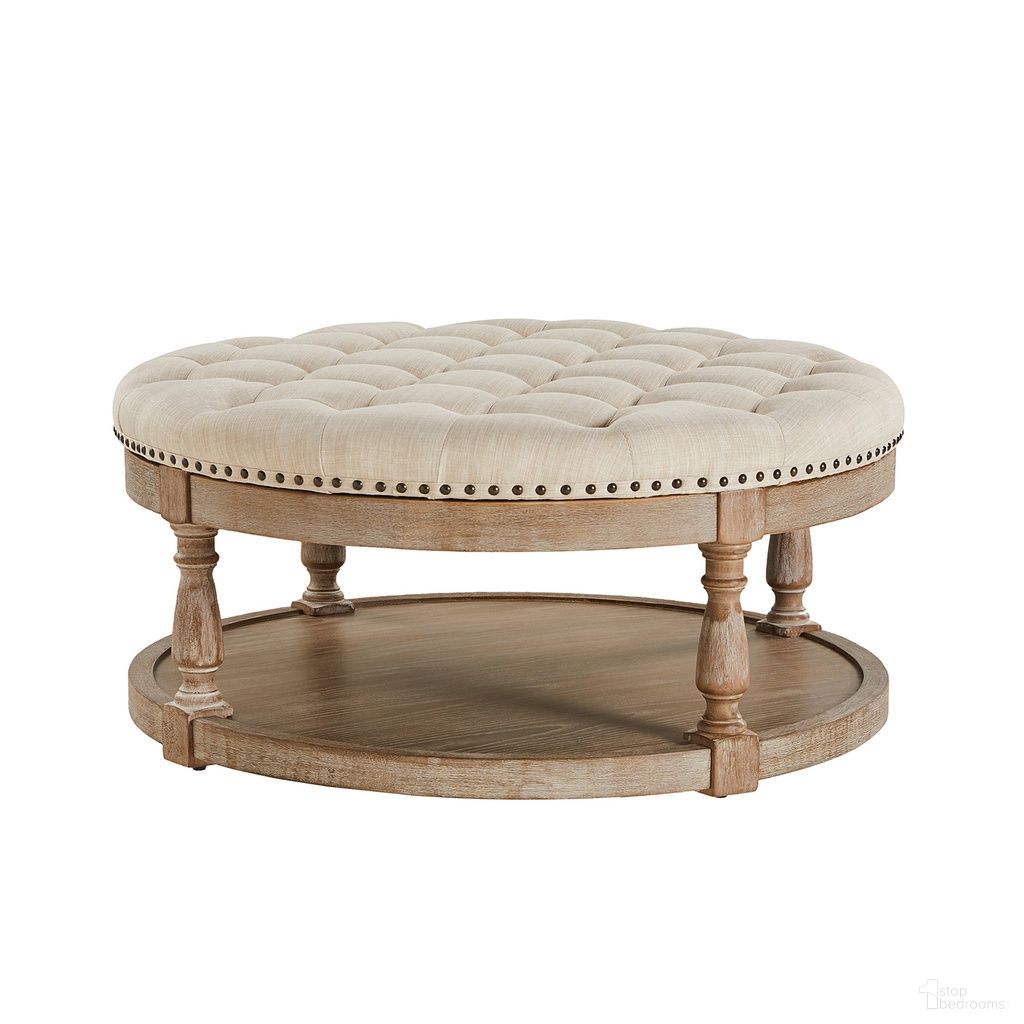 The appearance of Deoius Tufted Round Cocktail Ottoman With Storage In Linen designed by Karat Home in the modern / contemporary interior design. This linen piece of furniture  was selected by 1StopBedrooms from Deoius Collection to add a touch of cosiness and style into your home. Sku: OTS0476-LINEN. Material: Linen Look Fabric.