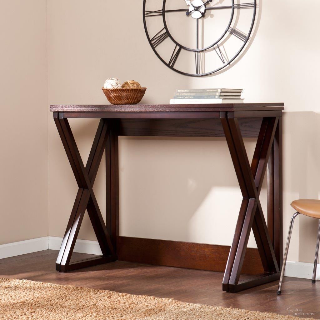 The appearance of Derby Counter Height Universal Table designed by SEI Furniture in the transitional interior design. This espresso piece of furniture  was selected by 1StopBedrooms from Derby Collection to add a touch of cosiness and style into your home. Sku: CM3513. Table Base Style: Trestle. Material: MDF. Size: 21" x 46".