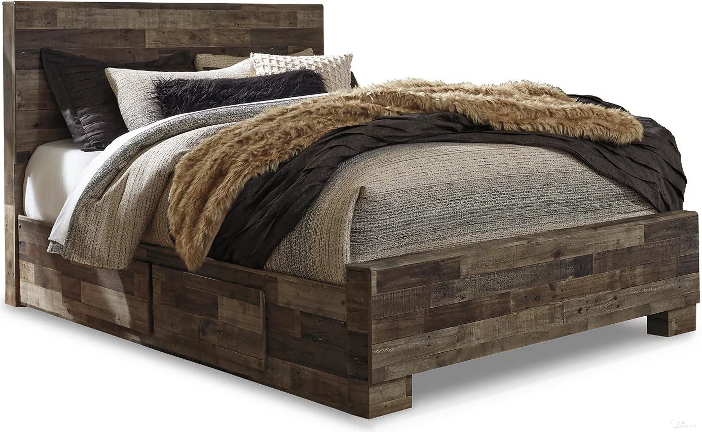 The appearance of Derekson Queen Panel Bed with 2 Storage Drawers In Multi Gray designed by Signature Design by Ashley in the transitional interior design. This multi gray piece of furniture was selected by 1StopBedrooms from Derekson Collection to add a touch of cosiness and style into your home. Sku: B100-13;B200-54;B200-57;B200-60;B200-95. Bed Type: Panel Bed. Material: Wood. Bed Size: Queen.