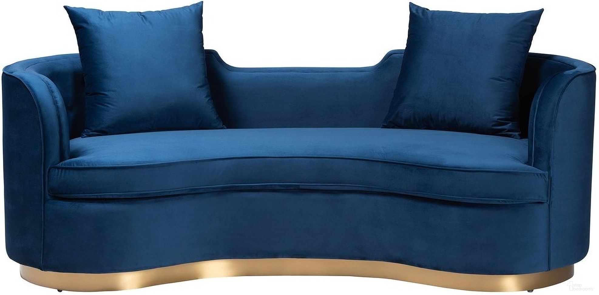 The appearance of Deserae Velvet and Brushed Metal Sofa In Navy Blue and Gold designed by Baxton Studio in the glam interior design. This navy blue and gold piece of furniture was selected by 1StopBedrooms from Deserae Collection to add a touch of cosiness and style into your home. Sku: TSF-7021-Navy Blue Velvet-Sofa. Material: Polyester.