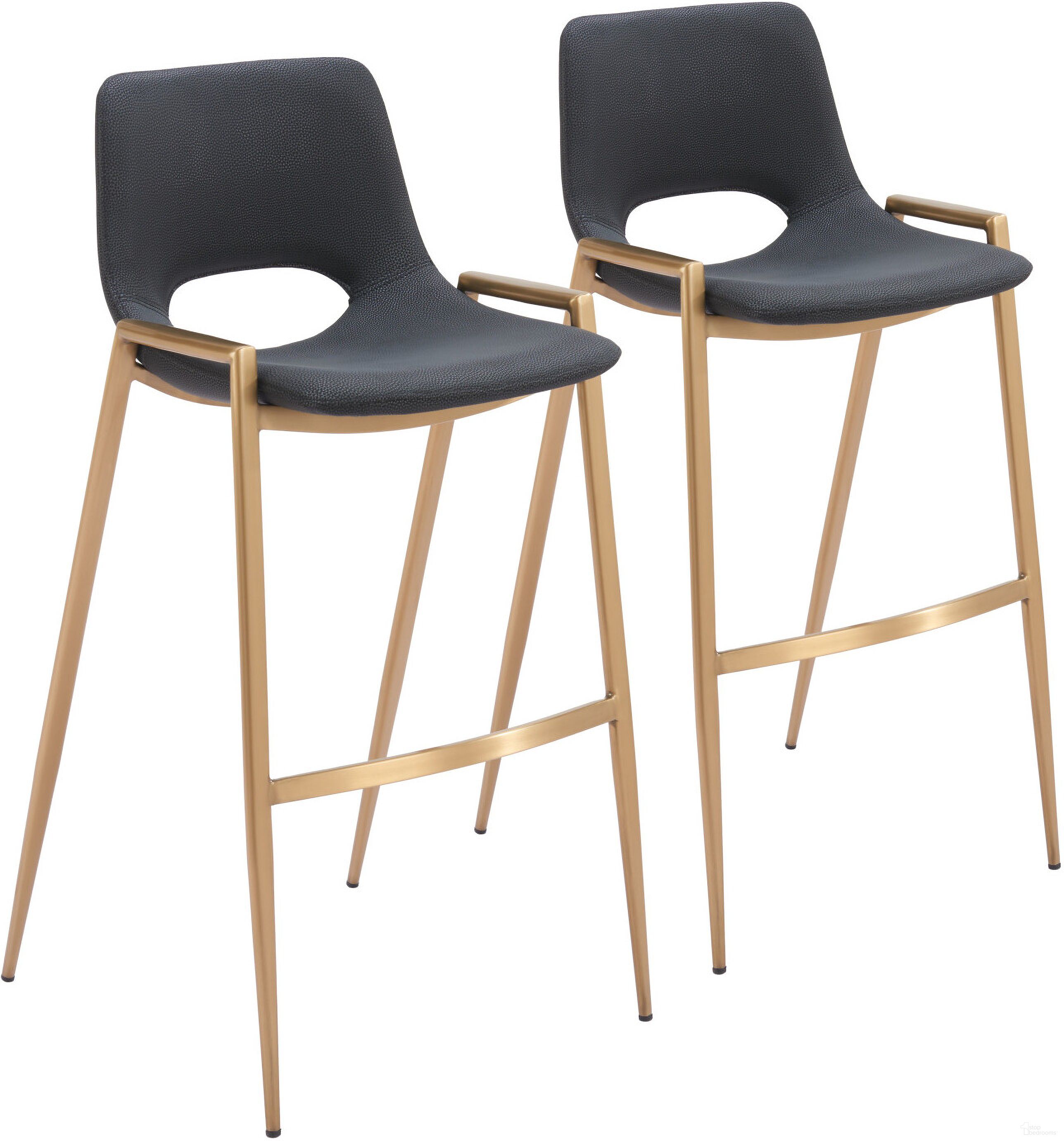 The appearance of Desi Barstool Set of 2 In Black and Gold designed by Zuo Modern in the modern / contemporary interior design. This black and gold piece of furniture was selected by 1StopBedrooms from Desi Collection to add a touch of cosiness and style into your home. Sku: 109555. Material: Polyurethane.