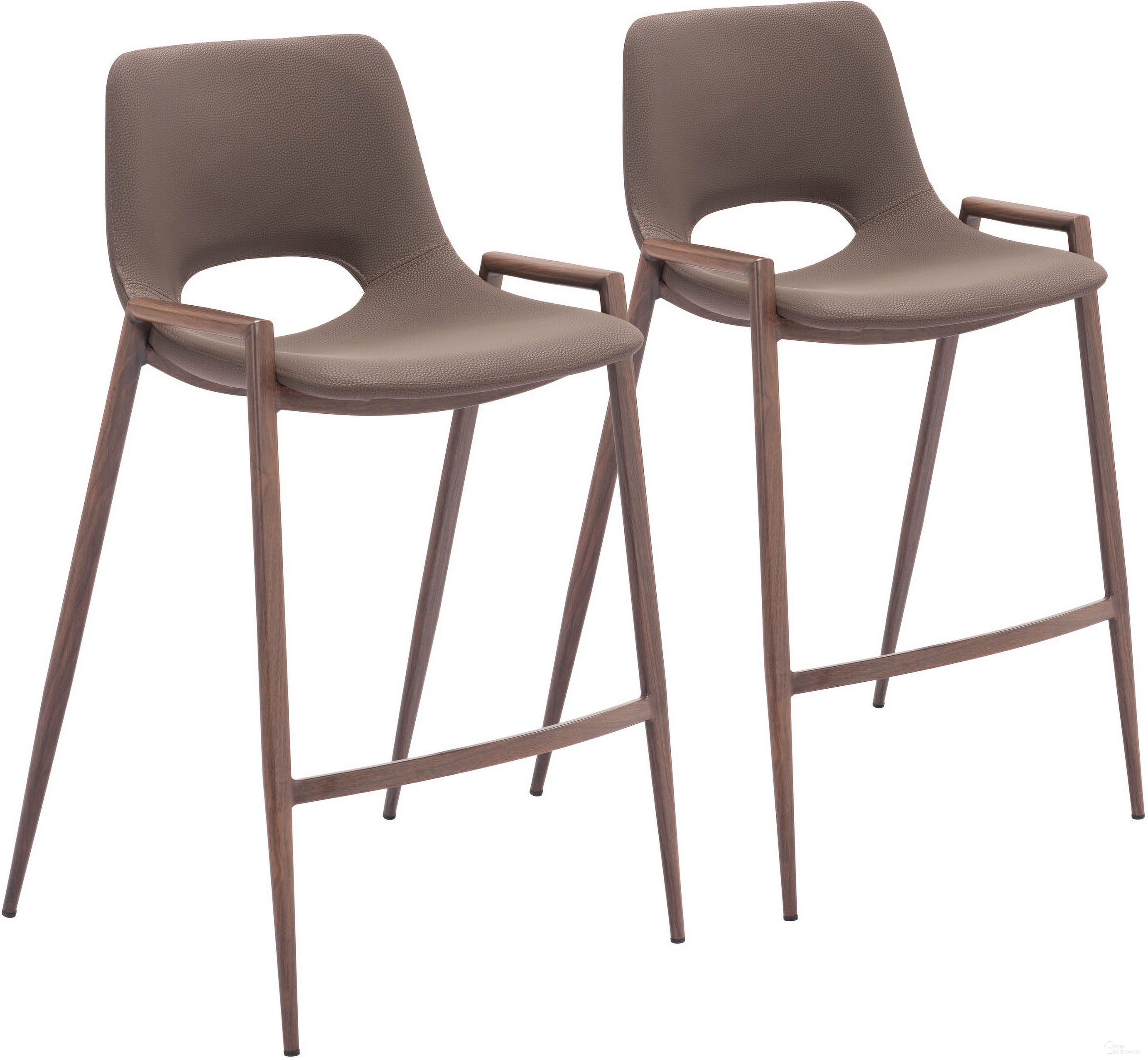 The appearance of Desi Counter Stool Set of 2 In Brown and Walnut designed by Zuo Modern in the modern / contemporary interior design. This brown piece of furniture  was selected by 1StopBedrooms from Desi Collection to add a touch of cosiness and style into your home. Sku: 109732. Material: Polyurethane.