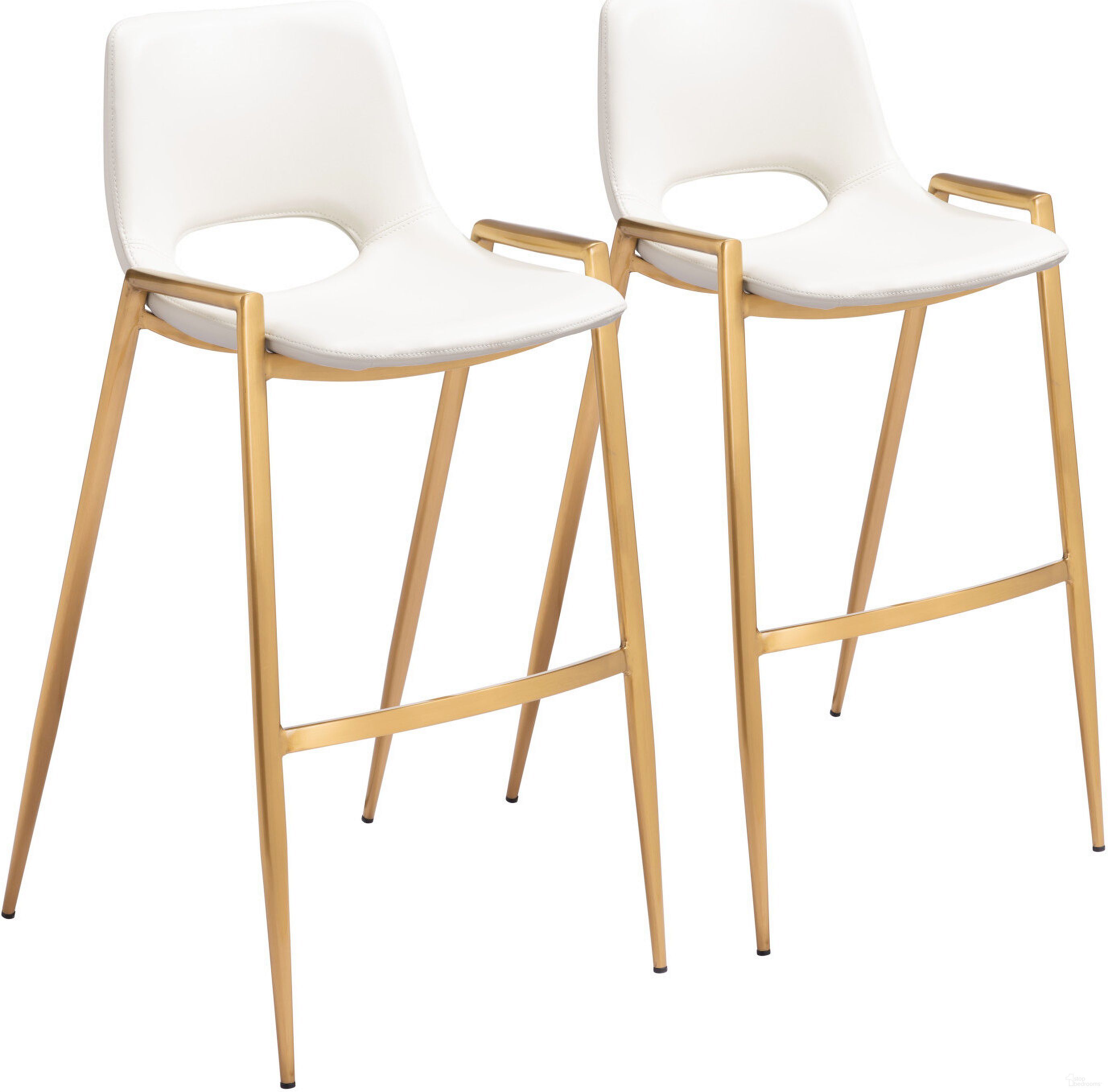 The appearance of Desi Barstool Set of 2 In White and Gold designed by Zuo Modern in the modern / contemporary interior design. This white and gold piece of furniture was selected by 1StopBedrooms from Desi Collection to add a touch of cosiness and style into your home. Sku: 109556. Material: Polyurethane.