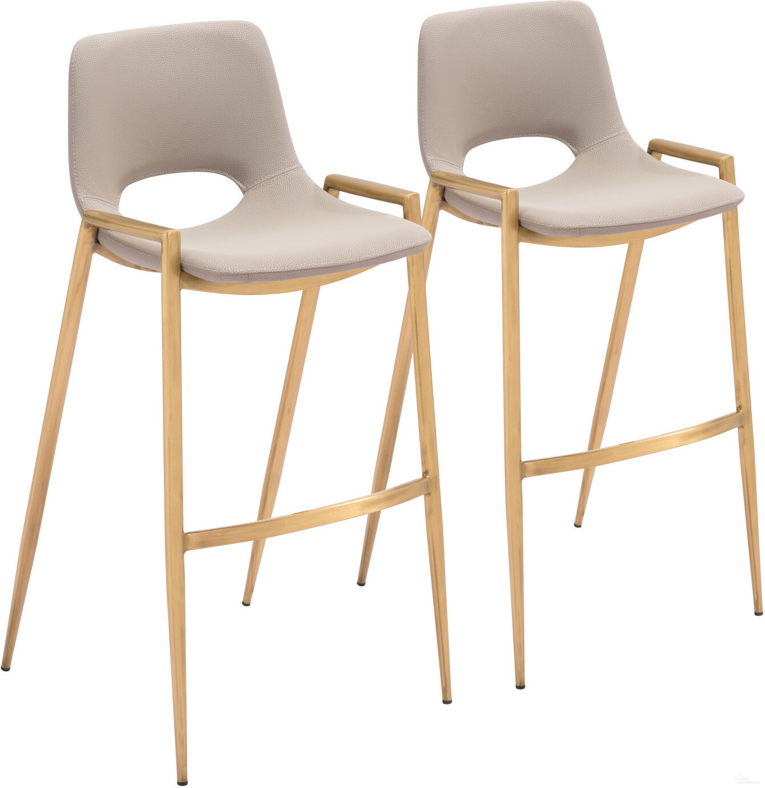 The appearance of Desi Barstool Set of 2 In Beige and Gold designed by Zuo Modern in the modern / contemporary interior design. This gold and beige piece of furniture was selected by 1StopBedrooms from Desi Collection to add a touch of cosiness and style into your home. Sku: 109735. Material: Polyurethane.