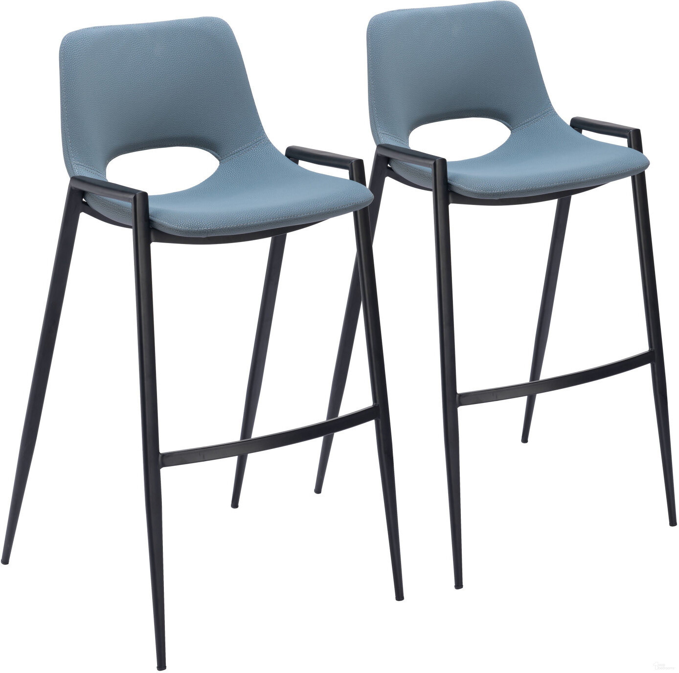 The appearance of Desi Barstool Set of 2 In Azure Gray designed by Zuo Modern in the modern / contemporary interior design. This gray piece of furniture was selected by 1StopBedrooms from Desi Collection to add a touch of cosiness and style into your home. Sku: 109542. Material: Polyurethane.