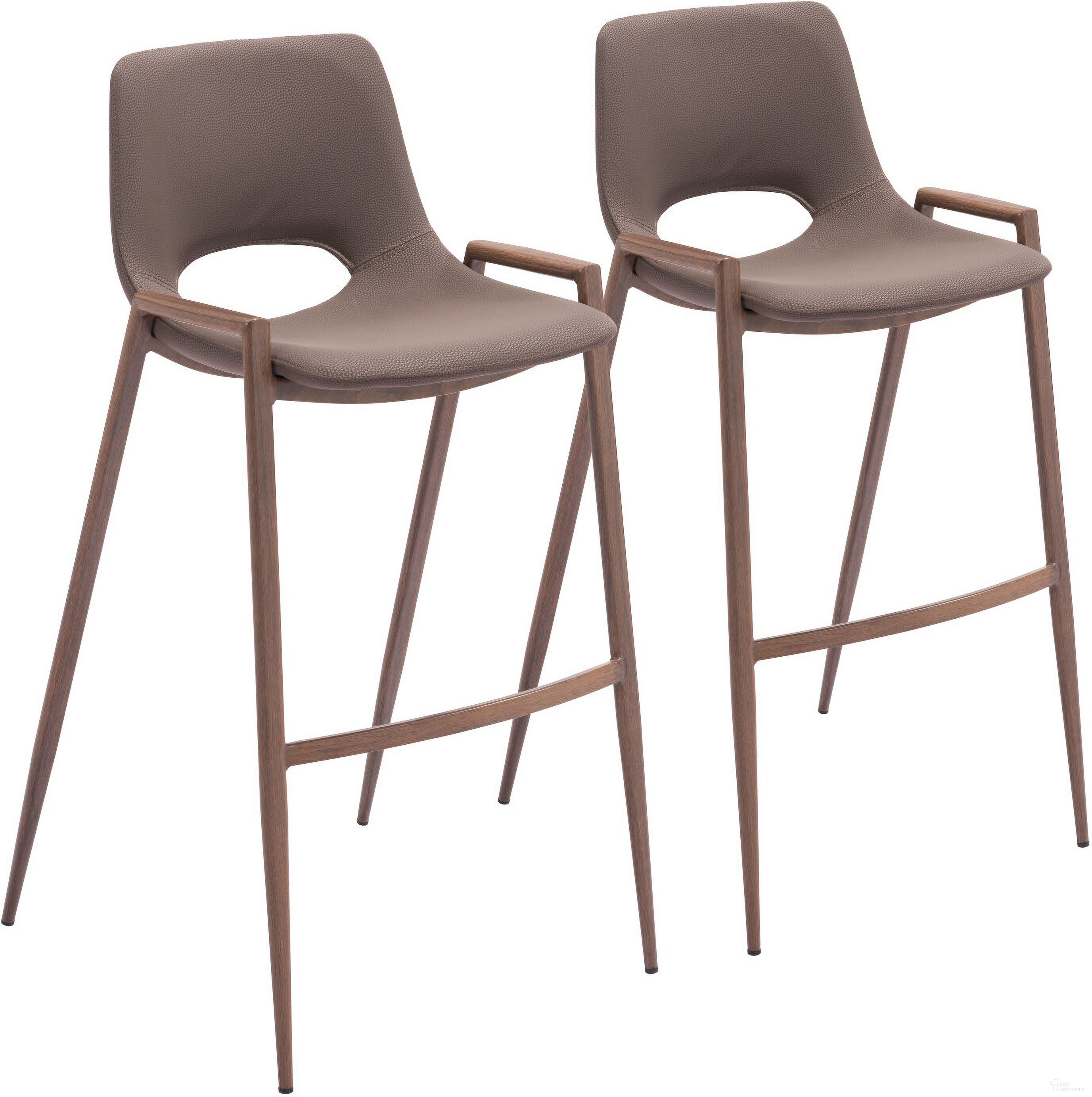 The appearance of Desi Barstool Set of 2 In Brown and Walnut designed by Zuo Modern in the modern / contemporary interior design. This brown piece of furniture  was selected by 1StopBedrooms from Desi Collection to add a touch of cosiness and style into your home. Sku: 109734. Material: Polyurethane.
