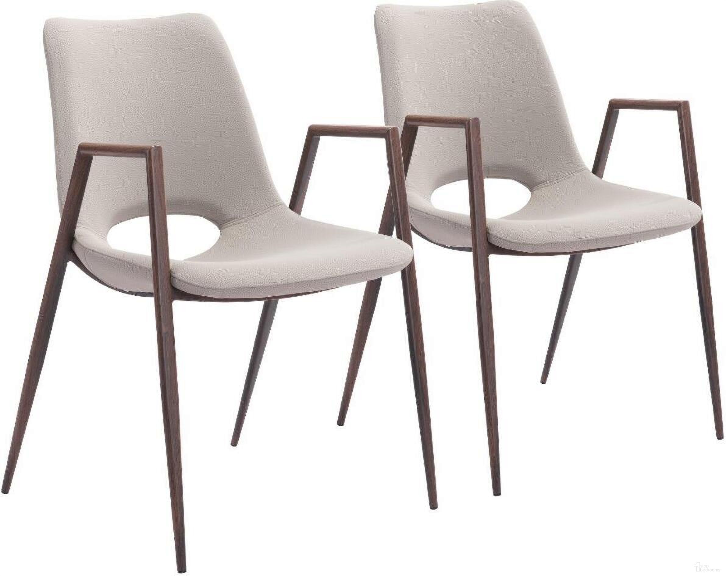 The appearance of Desi Dining Chair Set of 2 In Beige and Walnut designed by Zuo Modern in the modern / contemporary interior design. This walnut and beige piece of furniture was selected by 1StopBedrooms from Desi Collection to add a touch of cosiness and style into your home. Sku: 101696. Material: Polyurethane. Chair Type: Arm Chair.