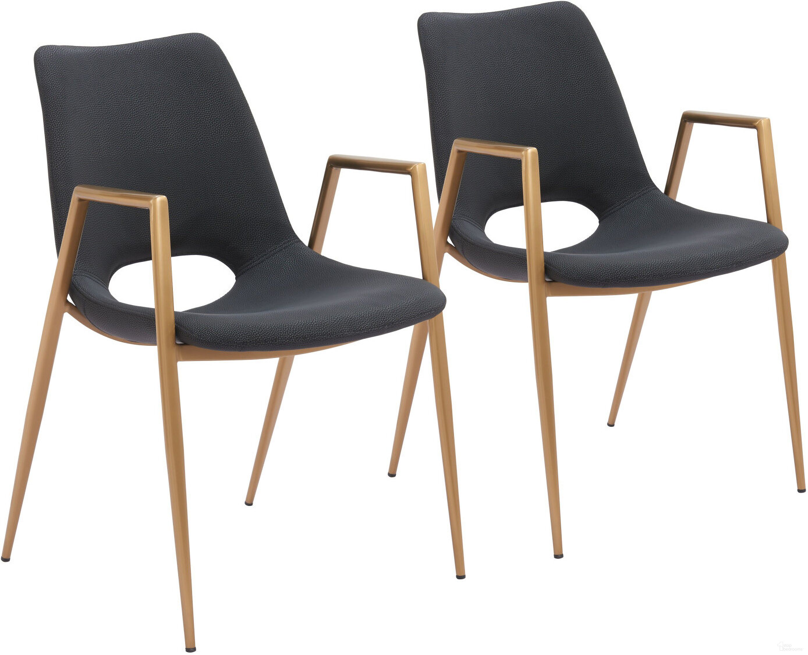 The appearance of Desi Dining Chair Set of 2 In Black and Gold designed by Zuo Modern in the modern / contemporary interior design. This black and gold piece of furniture was selected by 1StopBedrooms from Desi Collection to add a touch of cosiness and style into your home. Sku: 109549. Material: Polyurethane. Chair Type: Arm Chair.