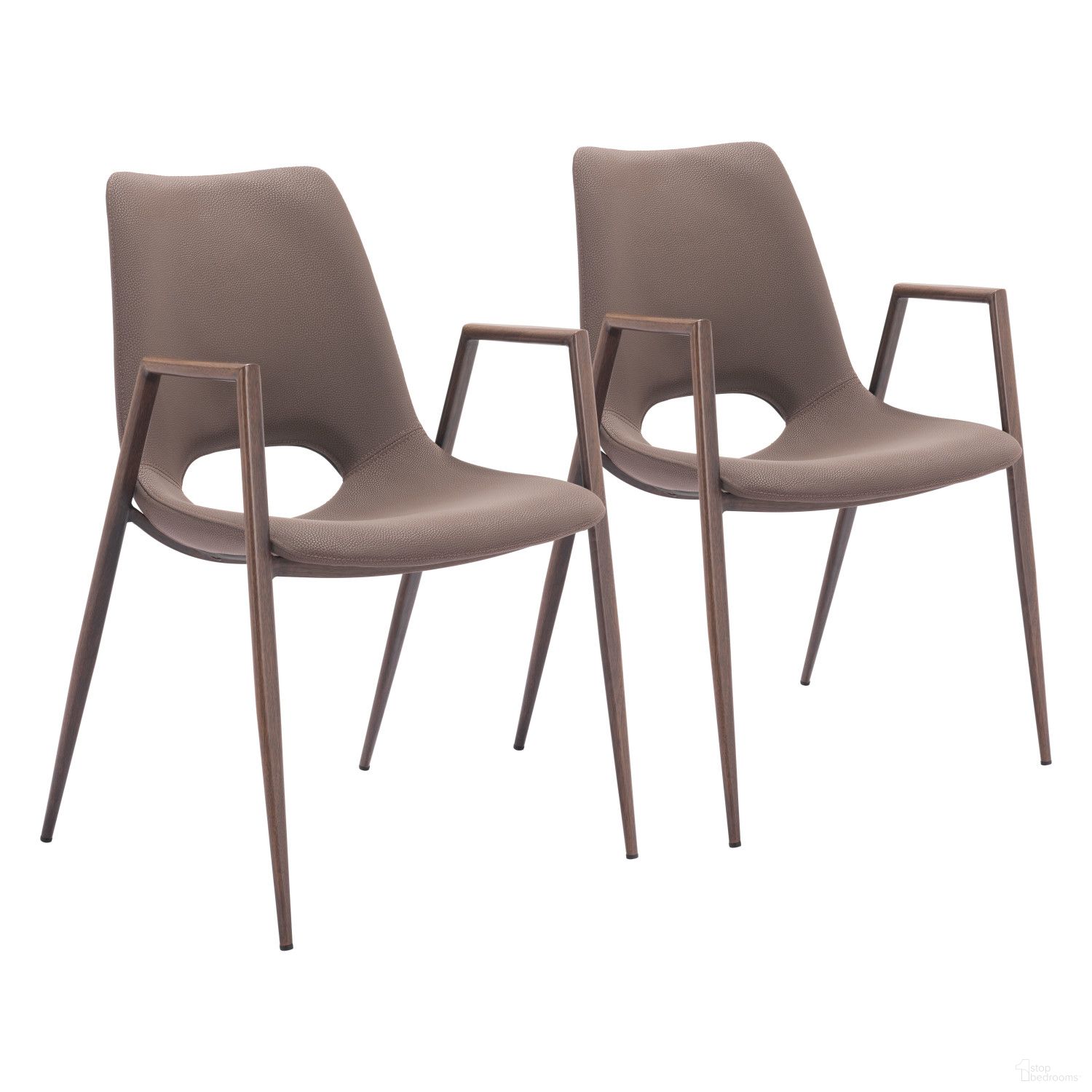 The appearance of Desi Dining Chair Set of 2 In Brown and Walnut designed by Zuo Modern in the modern / contemporary interior design. This brown piece of furniture was selected by 1StopBedrooms from Desi Collection to add a touch of cosiness and style into your home. Sku: 109730. Material: Polyurethane. Chair Type: Arm Chair.