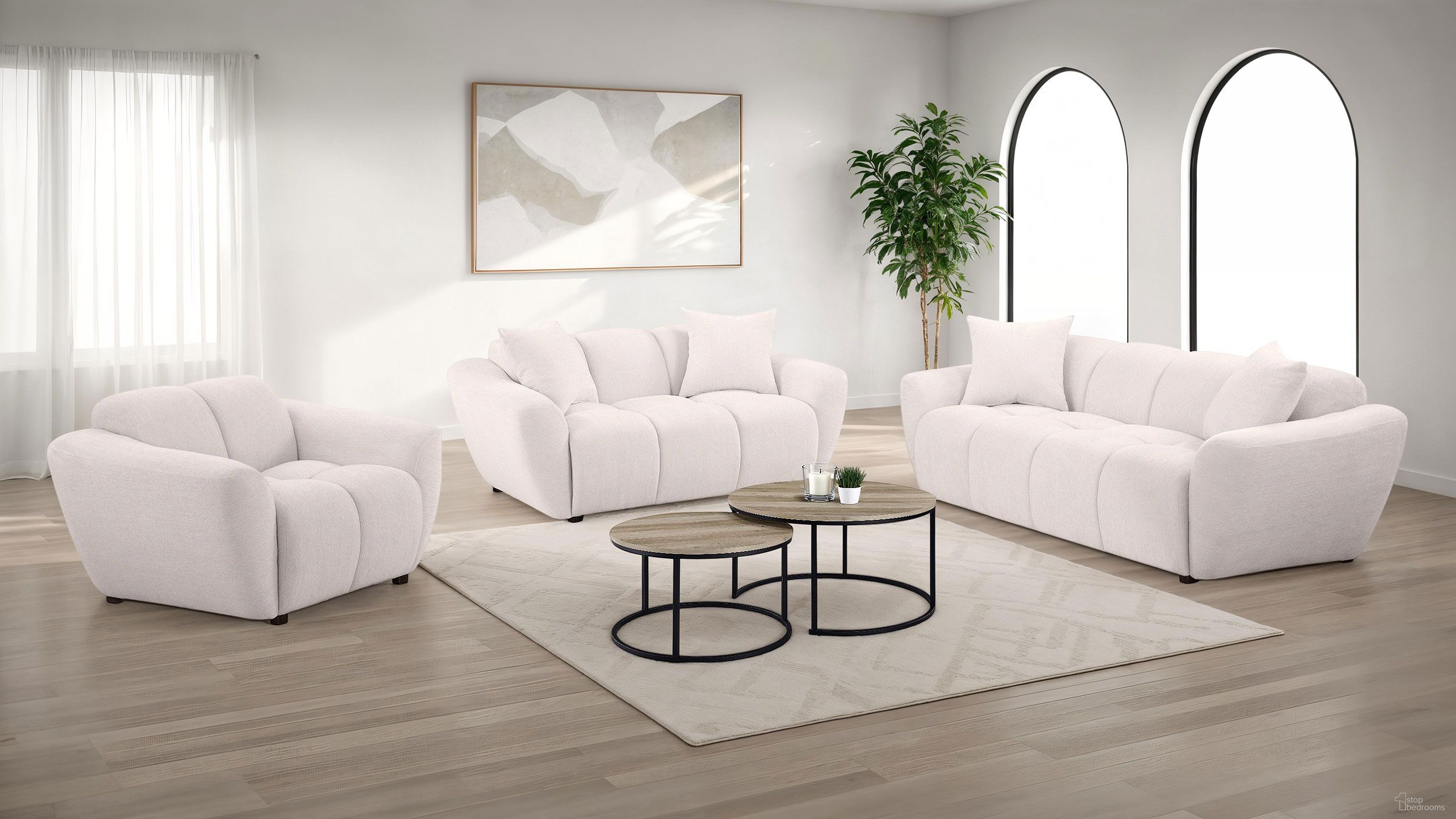 The appearance of Destino Chenille Upholstered Splayed Arm Living Room Set In Greige designed by Coaster in the modern / contemporary interior design. This greige piece of furniture was selected by 1StopBedrooms from Destino Collection to add a touch of cosiness and style into your home. Sku: 509301;509302. Material: Eucalyptus.