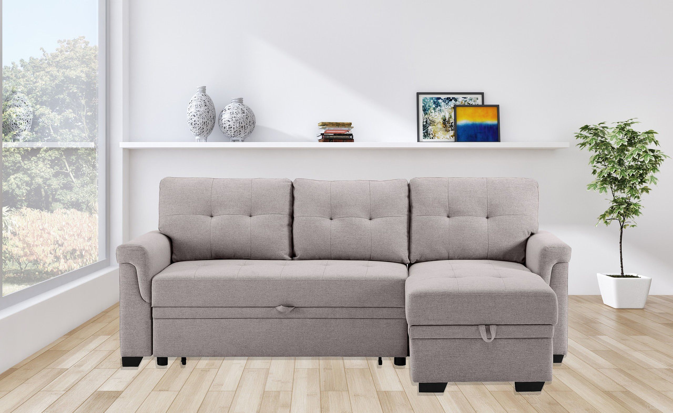 The appearance of Destiny 84 Inch Linen Reversible Sleeper Sectional Sofa with Storage Chaise In Light Gray designed by Lilola Home in the modern / contemporary interior design. This light gray piece of furniture was selected by 1StopBedrooms from Destiny Collection to add a touch of cosiness and style into your home. Sku: 881340. Material: Wood. Layout: Sofa & Chaise.