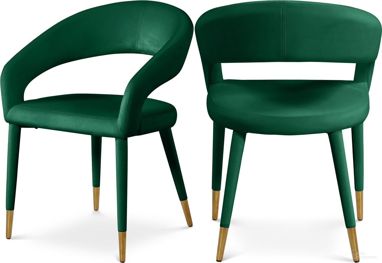 The appearance of Destiny Velvet Dining Chair In Green designed by Meridian in the modern / contemporary interior design. This green piece of furniture was selected by 1StopBedrooms from Destiny Collection to add a touch of cosiness and style into your home. Sku: 537Green-C. Material: Velvet. Chair Type: Arm Chair.