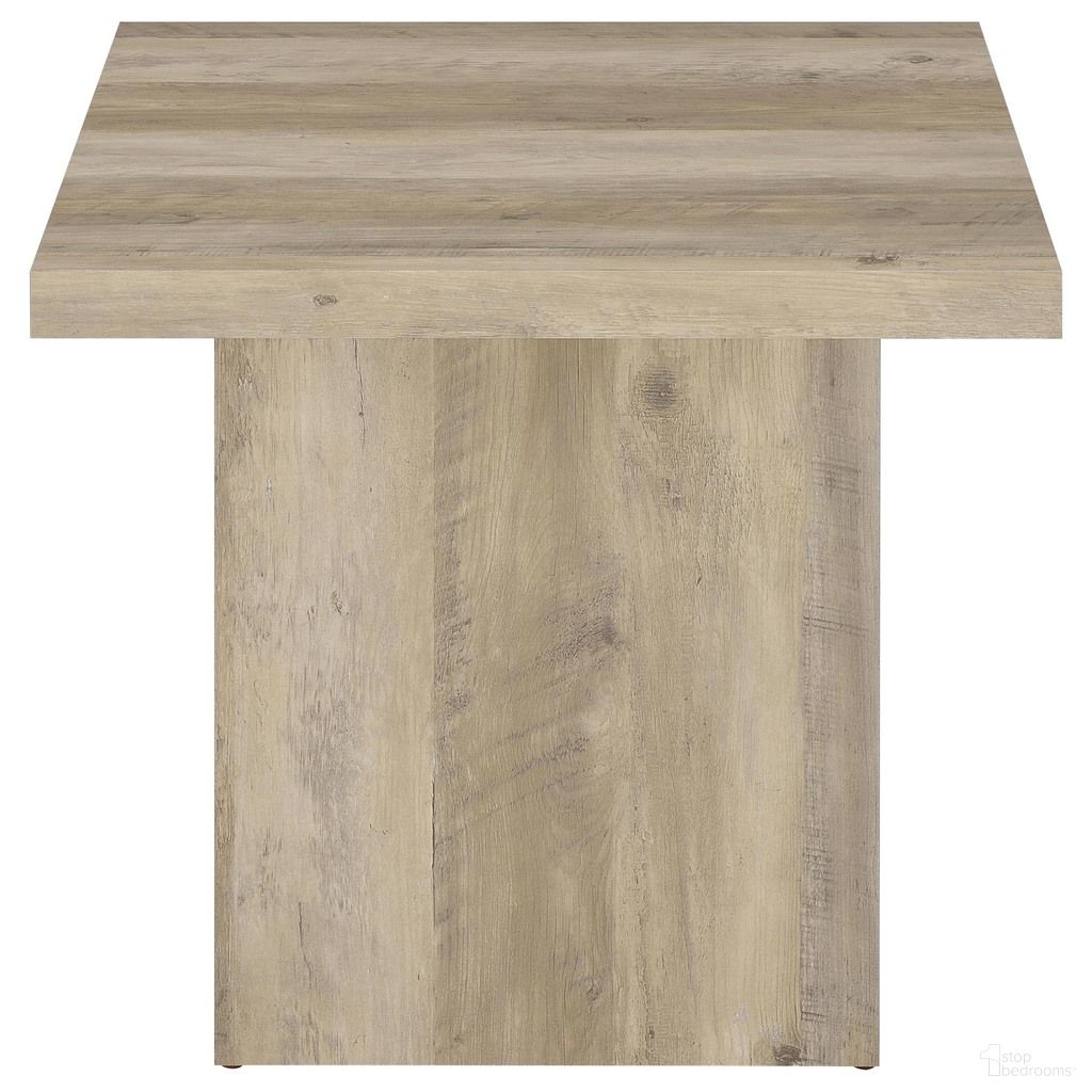 The appearance of Devar Square Engineered Wood End Table In Distressed Pine designed by Coaster in the transitional interior design. This distressed pine piece of furniture  was selected by 1StopBedrooms from Devar Collection to add a touch of cosiness and style into your home. Sku: 710877. Material: Melamine.