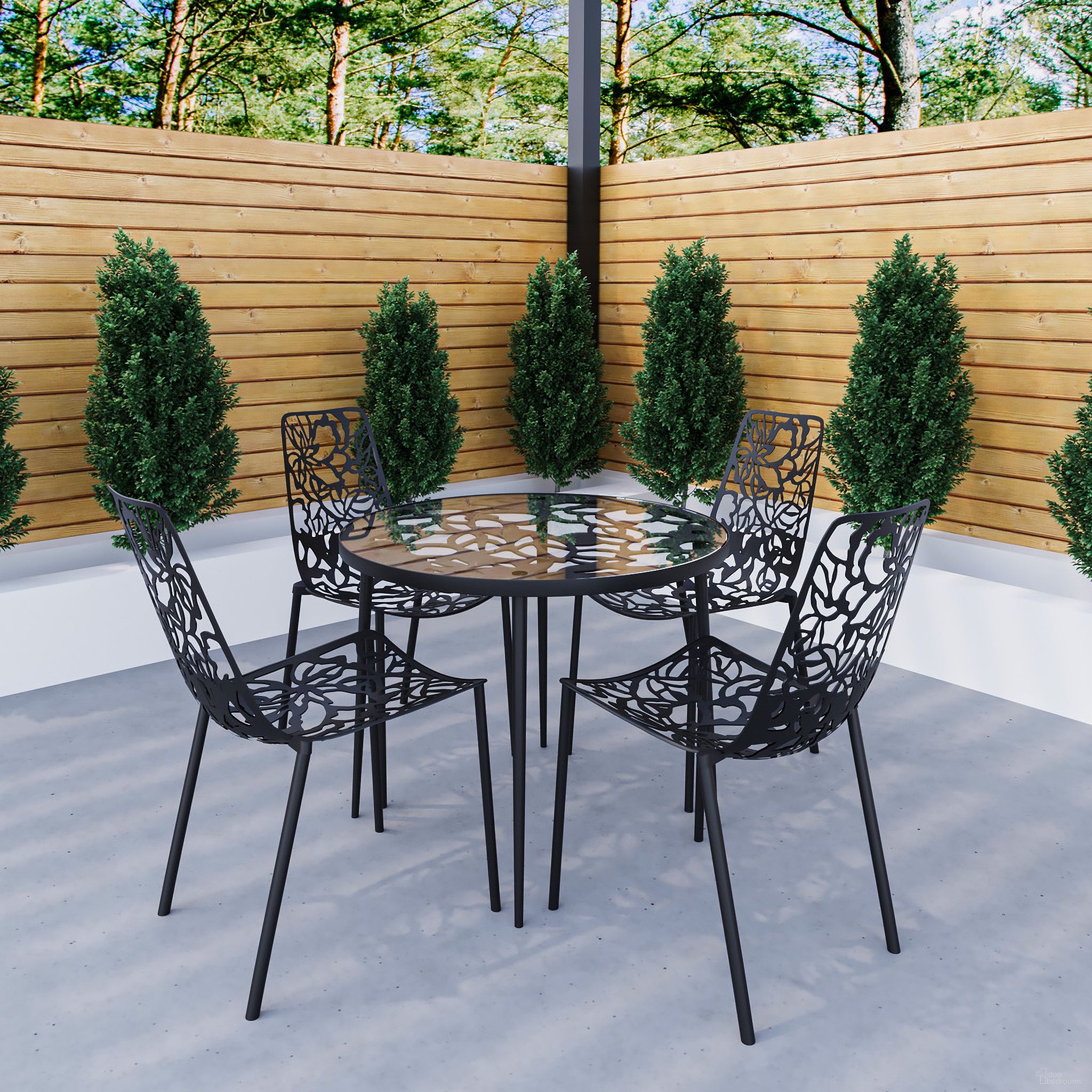 The appearance of Devon 5 Piece Outdoor Patio Dining Set with Side Chair In Black designed by LeisureMod in the transitional interior design. This black piece of furniture was selected by 1StopBedrooms from Devon Collection to add a touch of cosiness and style into your home. Sku: DT31C4BL. Material: Glass.