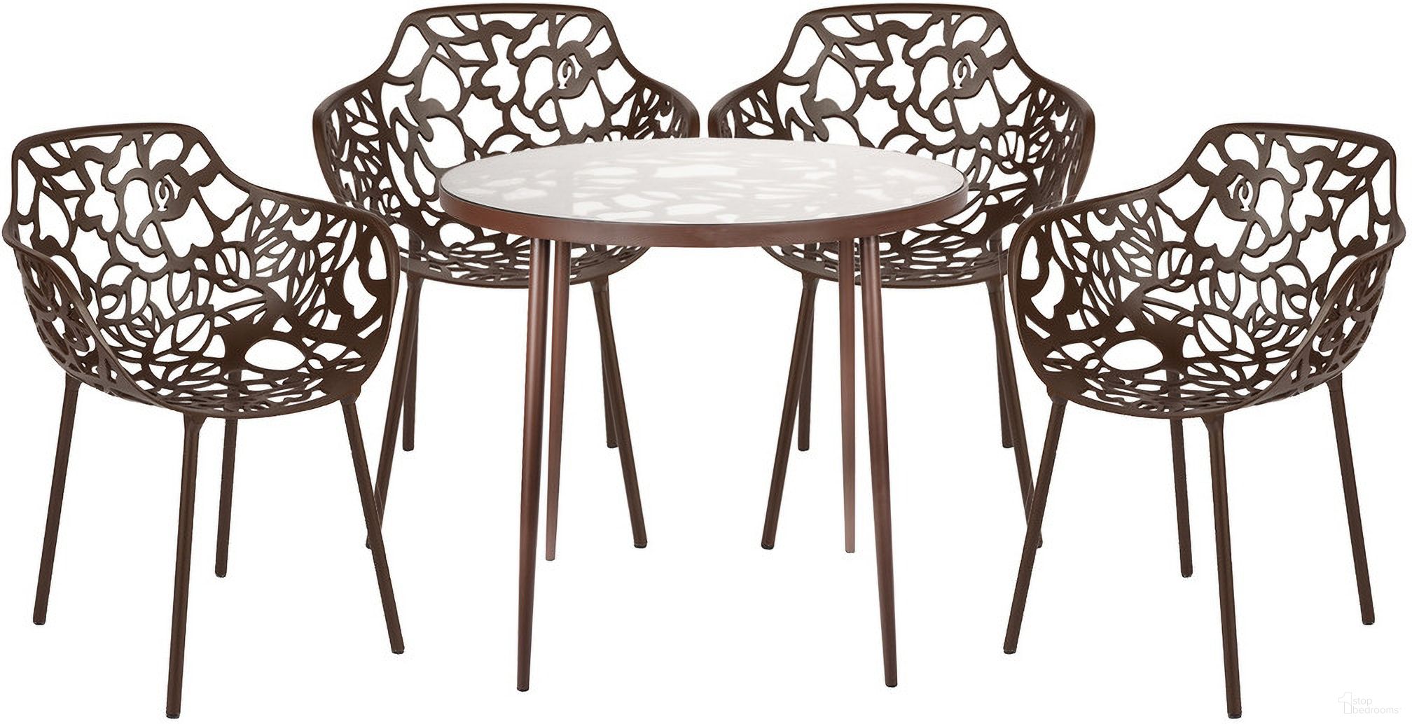 The appearance of Devon 5 Piece Outdoor Patio Dining Set with Arm Chair In Brown designed by LeisureMod in the transitional interior design. This brown piece of furniture  was selected by 1StopBedrooms from Devon Collection to add a touch of cosiness and style into your home. Sku: DT31CABR4. Material: Glass.