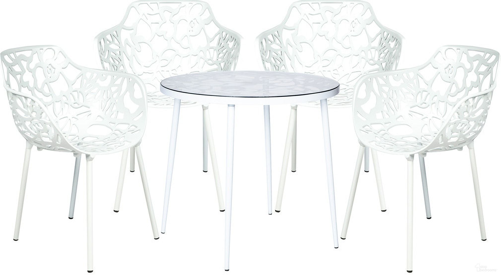 The appearance of Devon 5 Piece Outdoor Patio Dining Set with Arm Chair In White designed by LeisureMod in the transitional interior design. This white piece of furniture was selected by 1StopBedrooms from Devon Collection to add a touch of cosiness and style into your home. Sku: DT31CAW4. Material: Glass.
