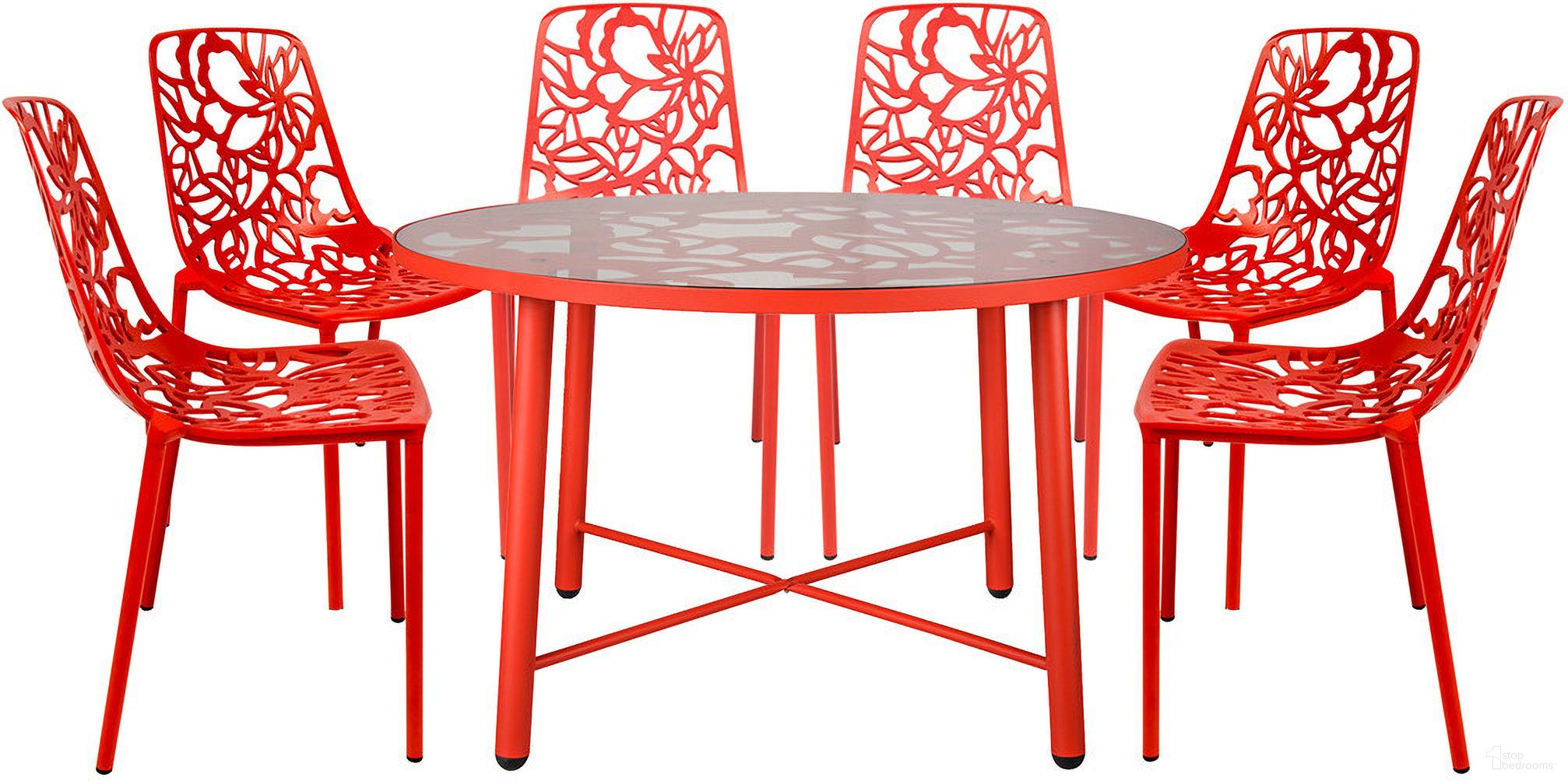 The appearance of Devon 7 Piece Outdoor Patio Dining Set with Side Chair In Red designed by LeisureMod in the transitional interior design. This red piece of furniture  was selected by 1StopBedrooms from Devon Collection to add a touch of cosiness and style into your home. Sku: DT48C6R. Material: Glass.
