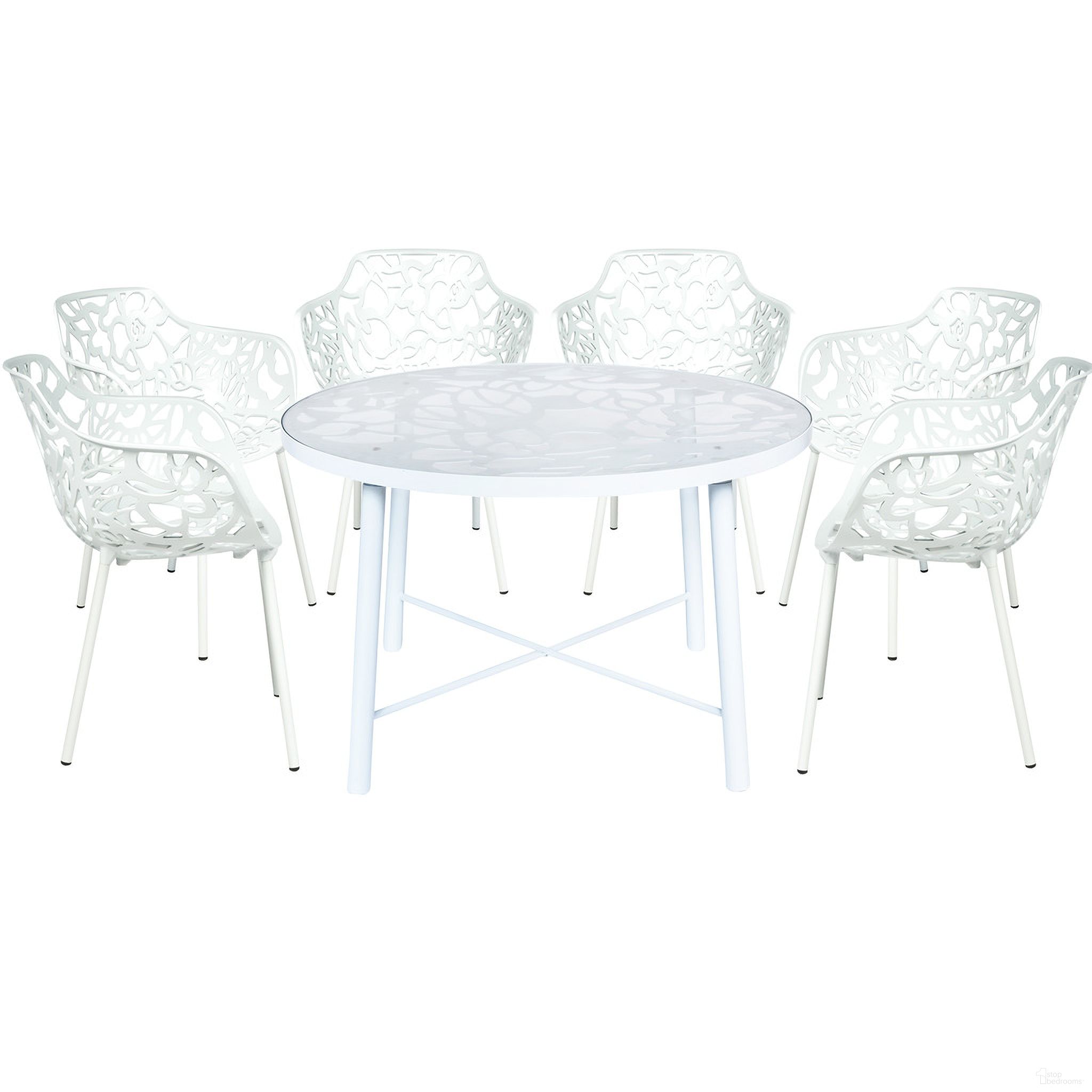 The appearance of Devon 7 Piece Outdoor Patio Dining Set with Arm Chair In White designed by LeisureMod in the transitional interior design. This white piece of furniture  was selected by 1StopBedrooms from Devon Collection to add a touch of cosiness and style into your home. Sku: DT48CAW6. Material: Glass.